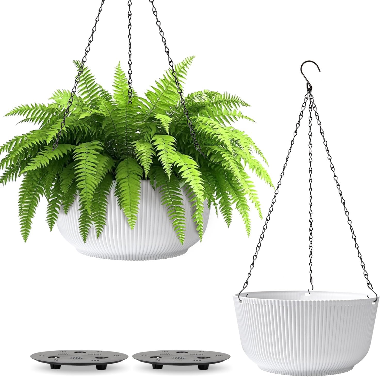 T4U Hanging Planter Self Watering 8 Inch, 2 Pack White Indoor Outdoor Hanging Plant Pots, Hanging Flower Pot with Drainage Hole & Plug & Chain with 3 Hooks for Garden Home Decor