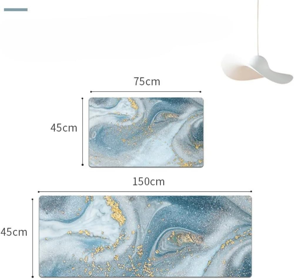 2 Pieces Non Slip Cushioned Kitchen Floor Mat Set,Marble Pattern with Gold Accents, 5Mm Thick PVC Non-Slip Waterproof Kitchen Rugs, 45X75Cm+45X120Cm, Light Blue image number 3