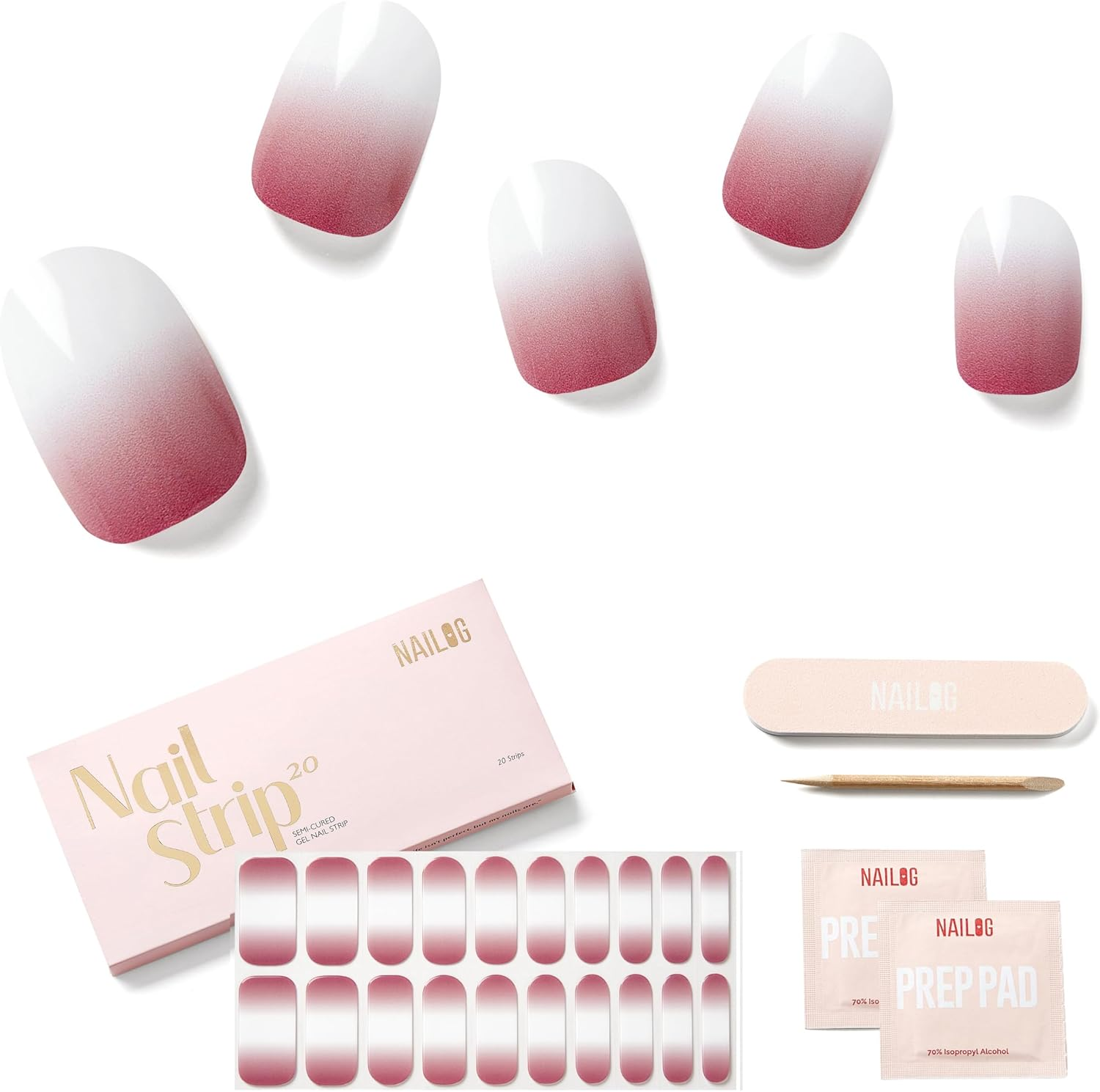 NAILOG Semi Cured Gel Nail Strips (20 Extra Long Stickers/Wraps) | Glossy & Long Lasting Soft Gel Finishing -Rosy Veil