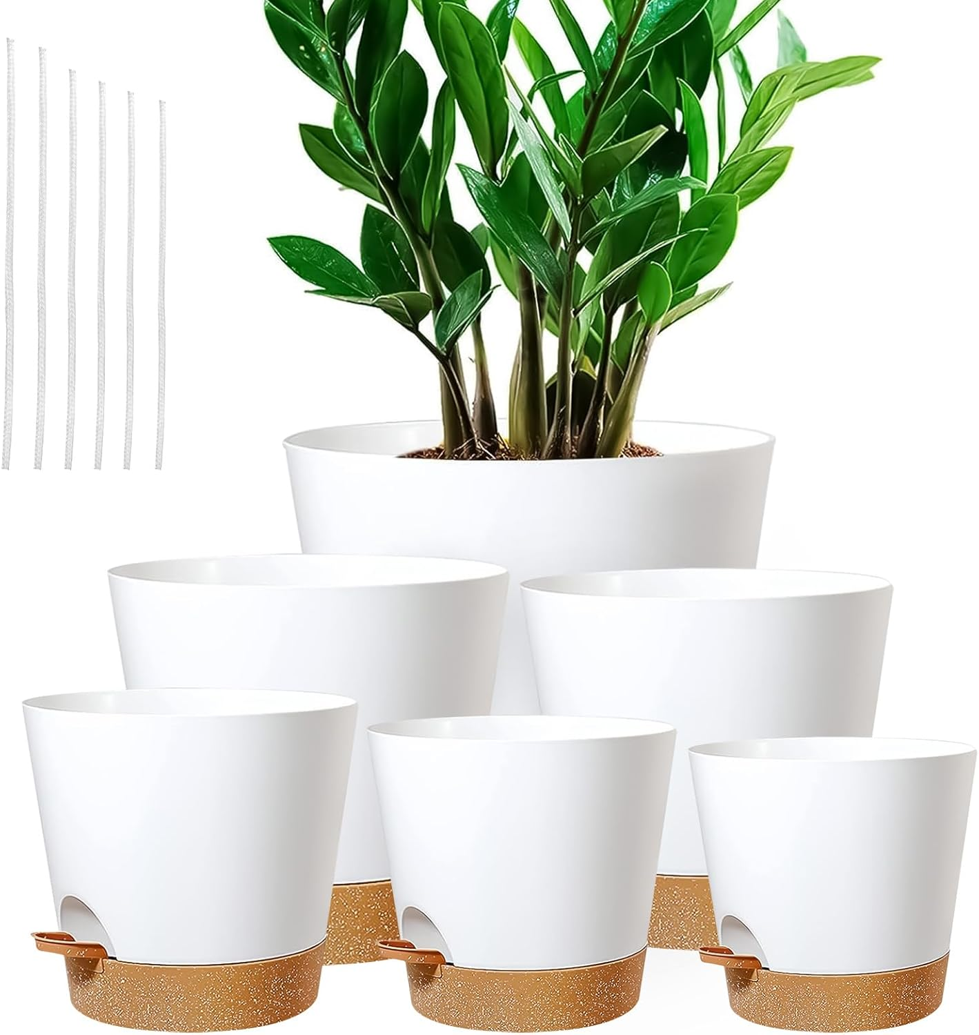 6 Pack Plant Pots, 8/7/6.5/6/5.5/5 Inch Self Watering Plant Pots with Drainage Holes and Saucers Modern Decorative Plastic Pots for All House Plants - White image number 2