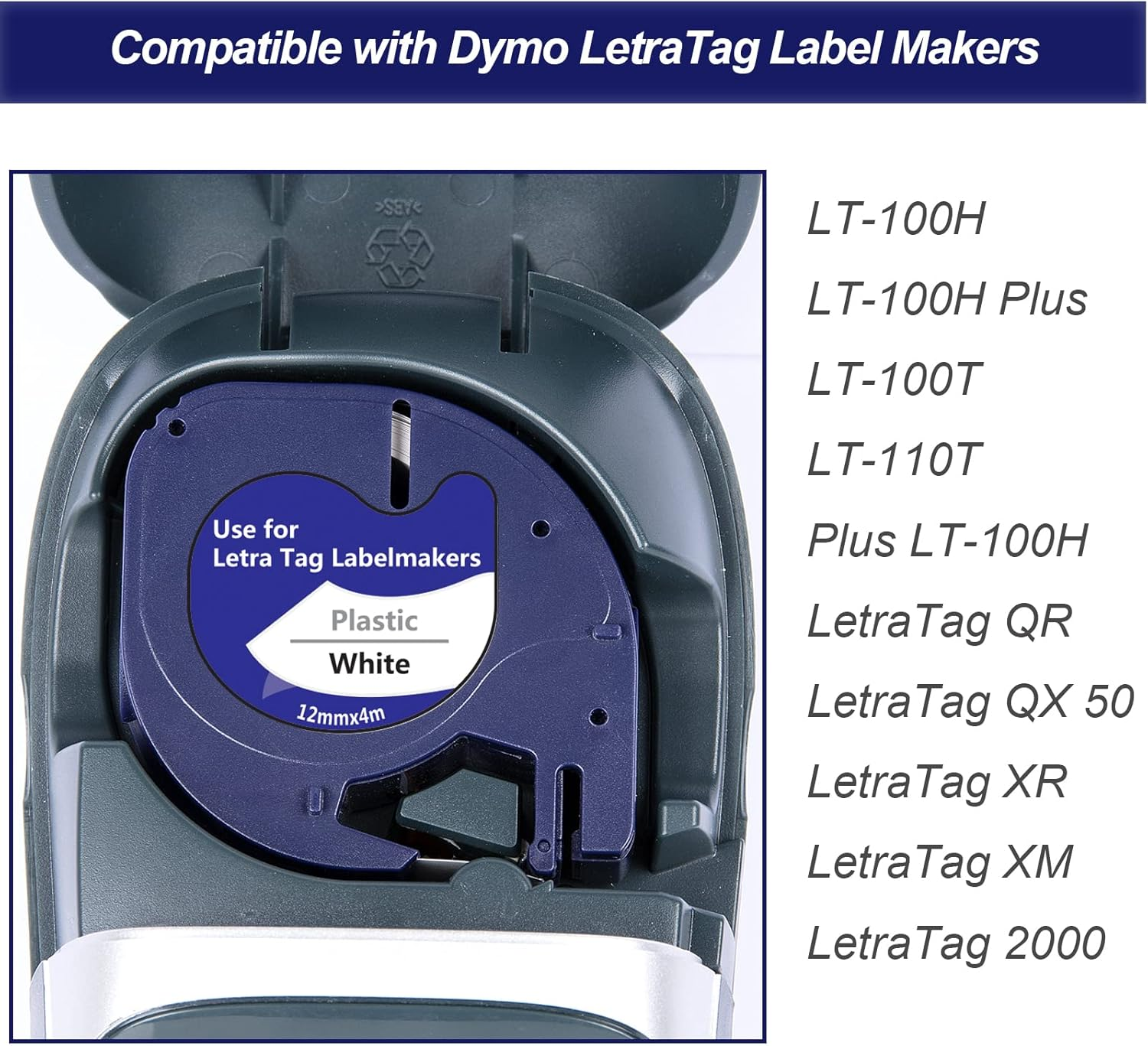 Weemay 8 Pack Compatible Label Tape Replacement for Dymo Letratag Refills 91331 (S0721660) Plastic 12Mm X 4M Black on White Label Tape for Dymo Label Maker LT-100T LT-100H LT-110T QX50