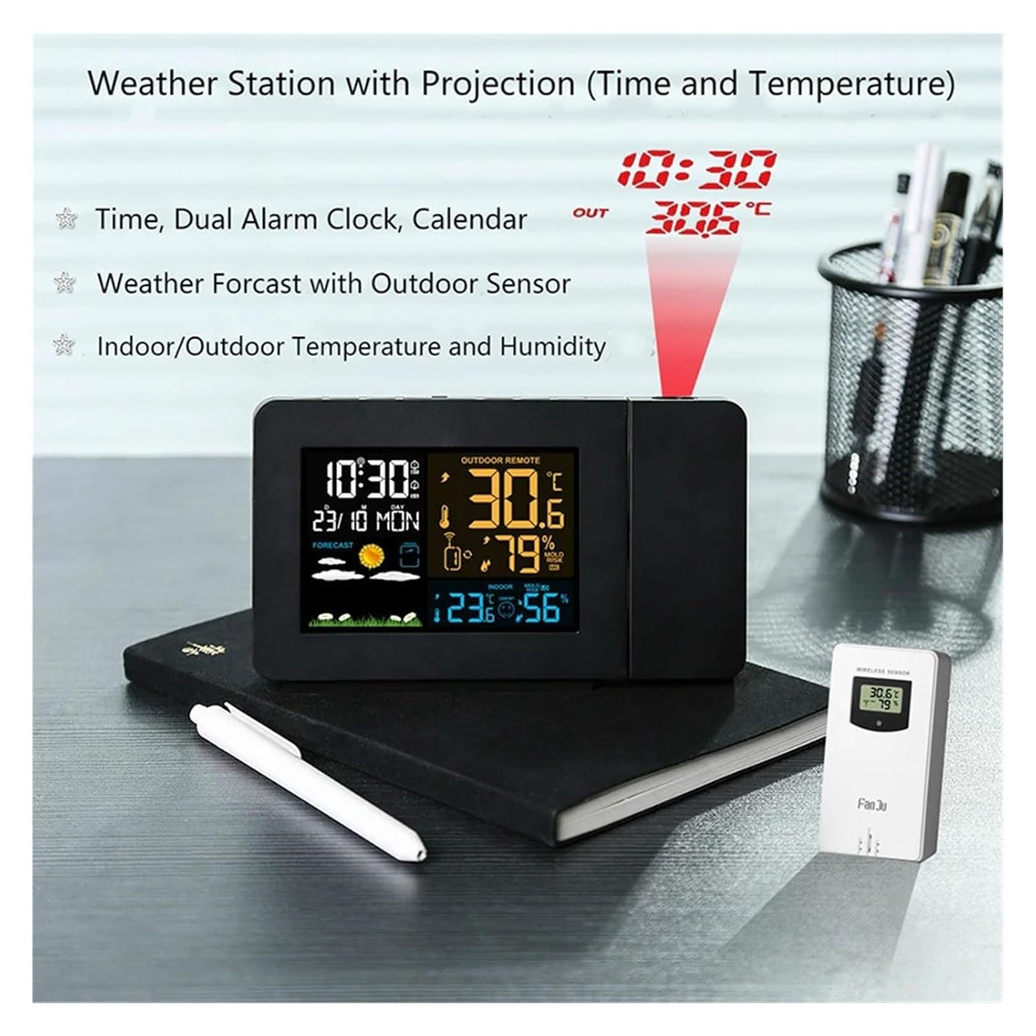 Digital Alarm Clock Weather Station EU Indoor Outdoor with Temperature Humidity Desk with Time Projection image number 2