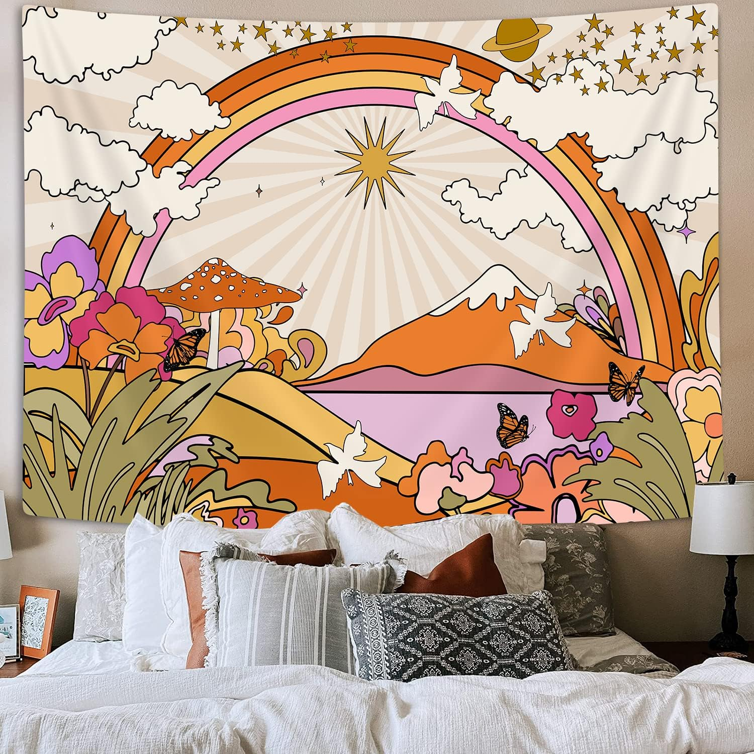 TOMOZ Vintage 70S 60S Groovy Tapestry, Retro Flowers Clouds Sun and Rainbow Tapestry Wall Hanging, Orange Boho Aesthetic Tapestry for Bedroom Living Room Dorm Decor 60 X 51Inch image number 6