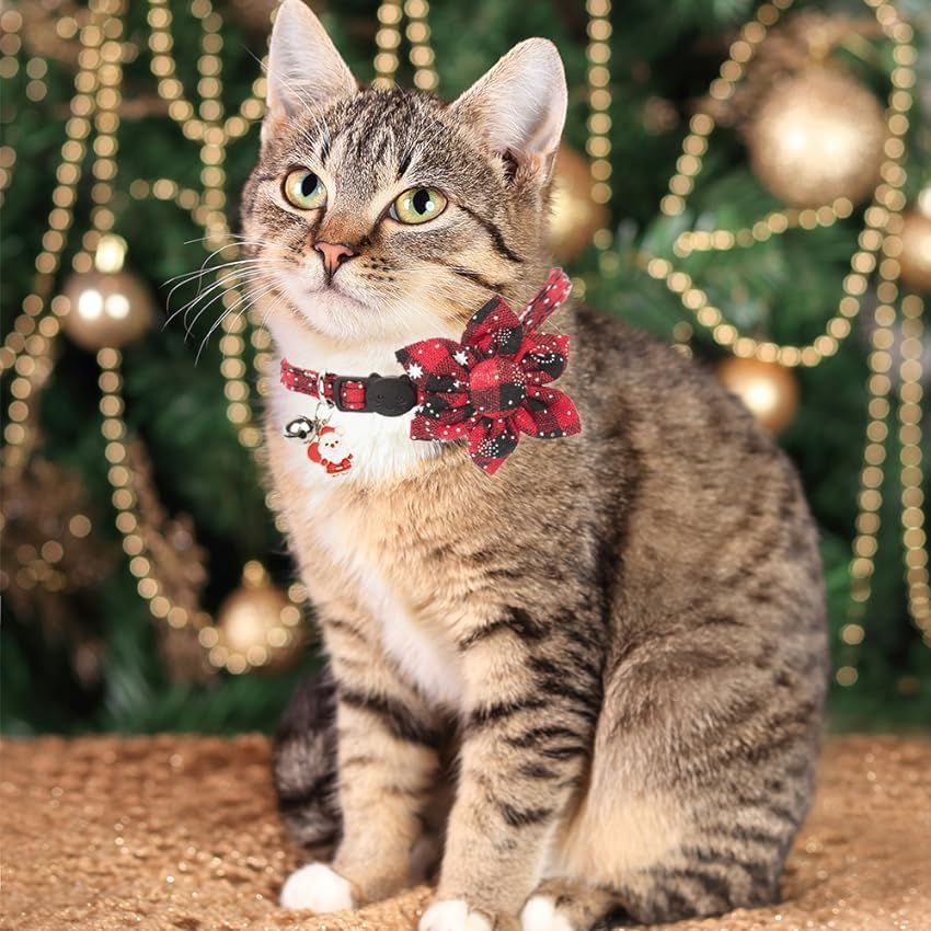 Christmas Cat Collar, Pack of 2 Adjustable Kitten Collar with Adorable Bells and Snowflakes Patterned Flower, Collar Cat Bow Tie, Christmas Pet Accessories for Kittens, Puppies image number 3