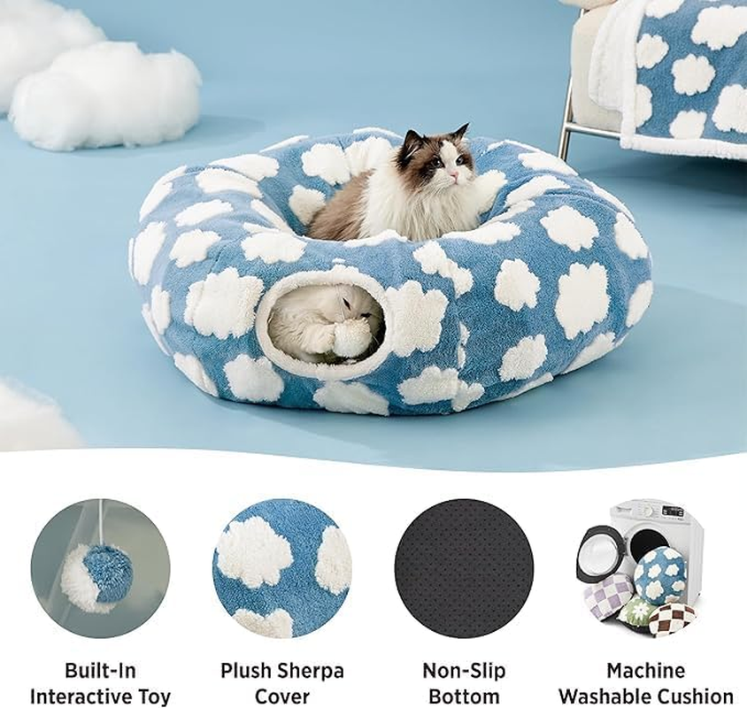 QYINXIU Cat Tunnel Bed, Cute Cat Donut Tunnel with Washable Circle Cushion, round Pet Play Tunnel Toy for Kitten, Dog, Rabbit (Blue) image number 1