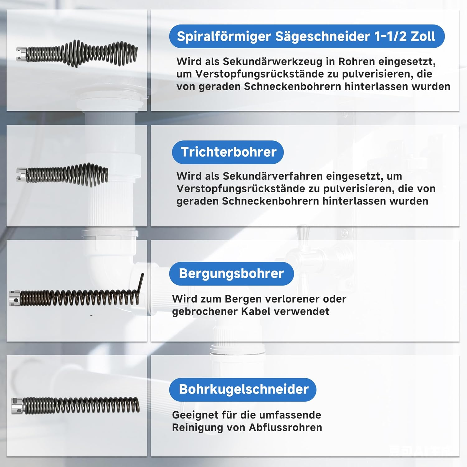 Ohbien Pack of 9 Drain Cleaners, Cutting Head, 16 Mm Manganese Steel Electric Pipe Cleaning Machine, Spiral Heads, Pipeline Excavator Machine, Cutting Head for Home, Kitchen, Living Room, Bathroom image number 6