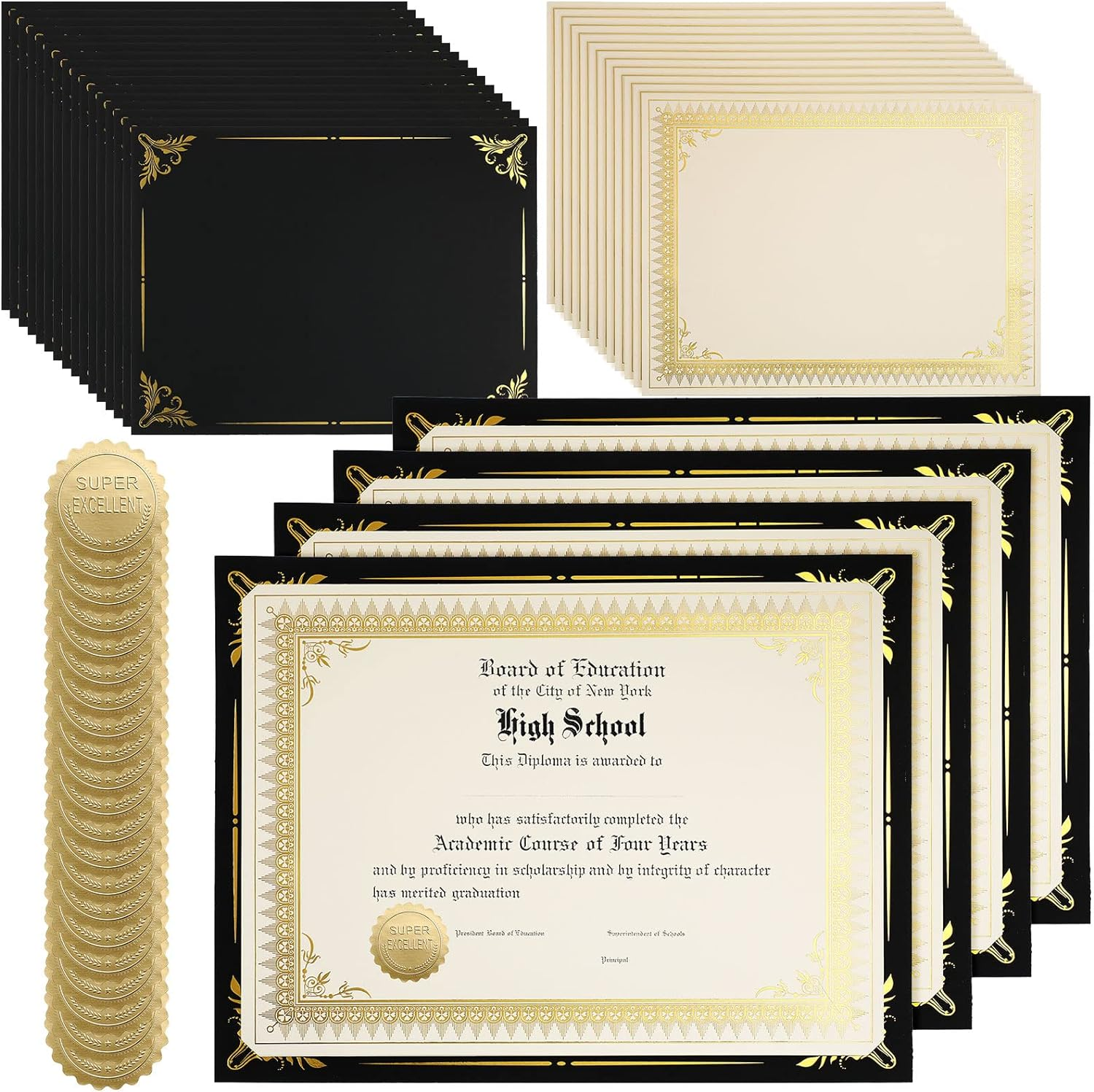 Fainne 50 Sets Certificate Kit Includes 50 Pcs 9.5 X 12 Inch Certificate Holders 50 Pcs Letter Size Papers 50 Pcs Foil Award Seals Diploma Covers for Appreciation(Black, Gold) image number 2