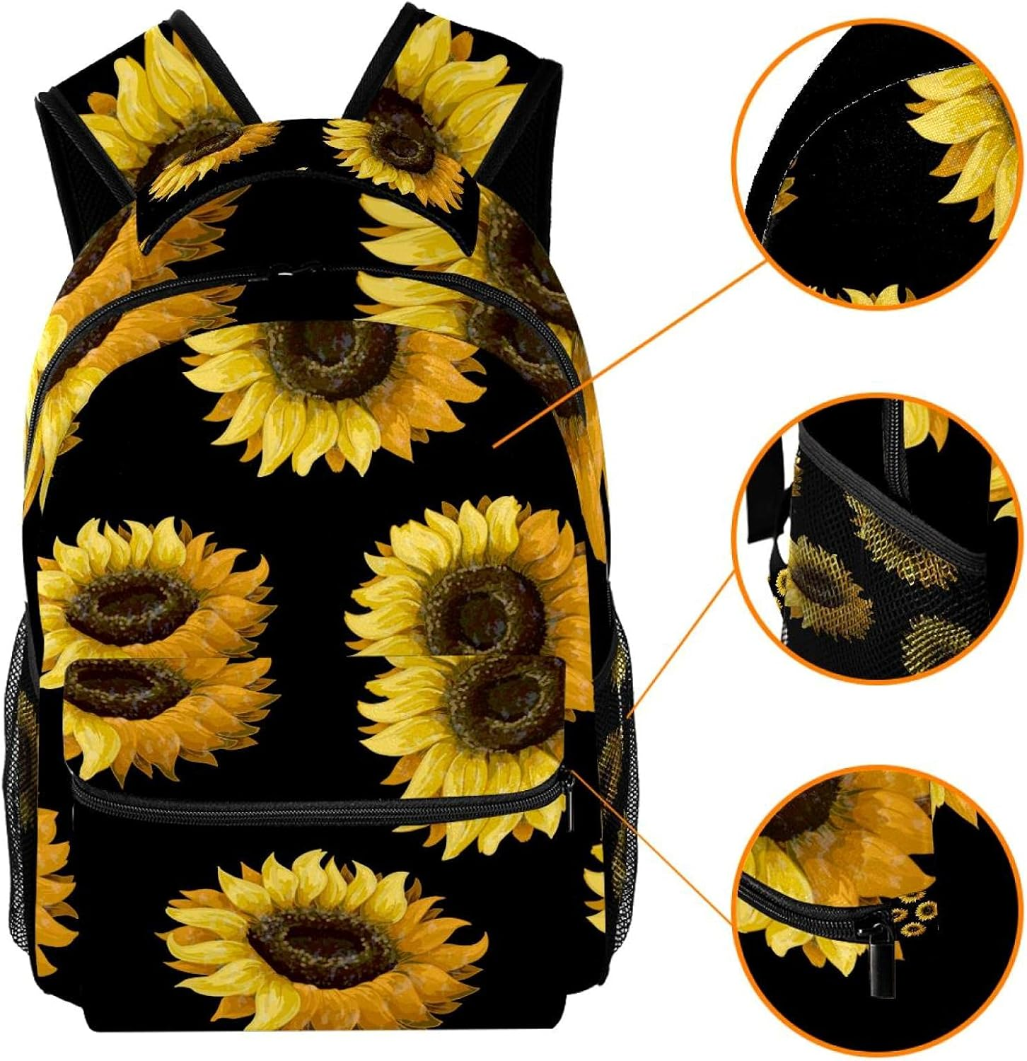 Sunflowers on a Black Background Backpack Students Shoulder Bags Travel Bag College School Tote Backpacks image number 3