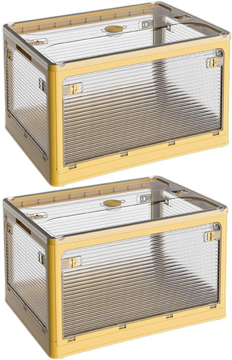 2 Pack Plastic 4 Doors Collapsible Storage Bins with Lid & Wheels Foldable Lidded Storage Containers with Handle Slots Multifunctional Stackable Folding Organizer Cube for Camping Clothes Toys, Yellow image number 4