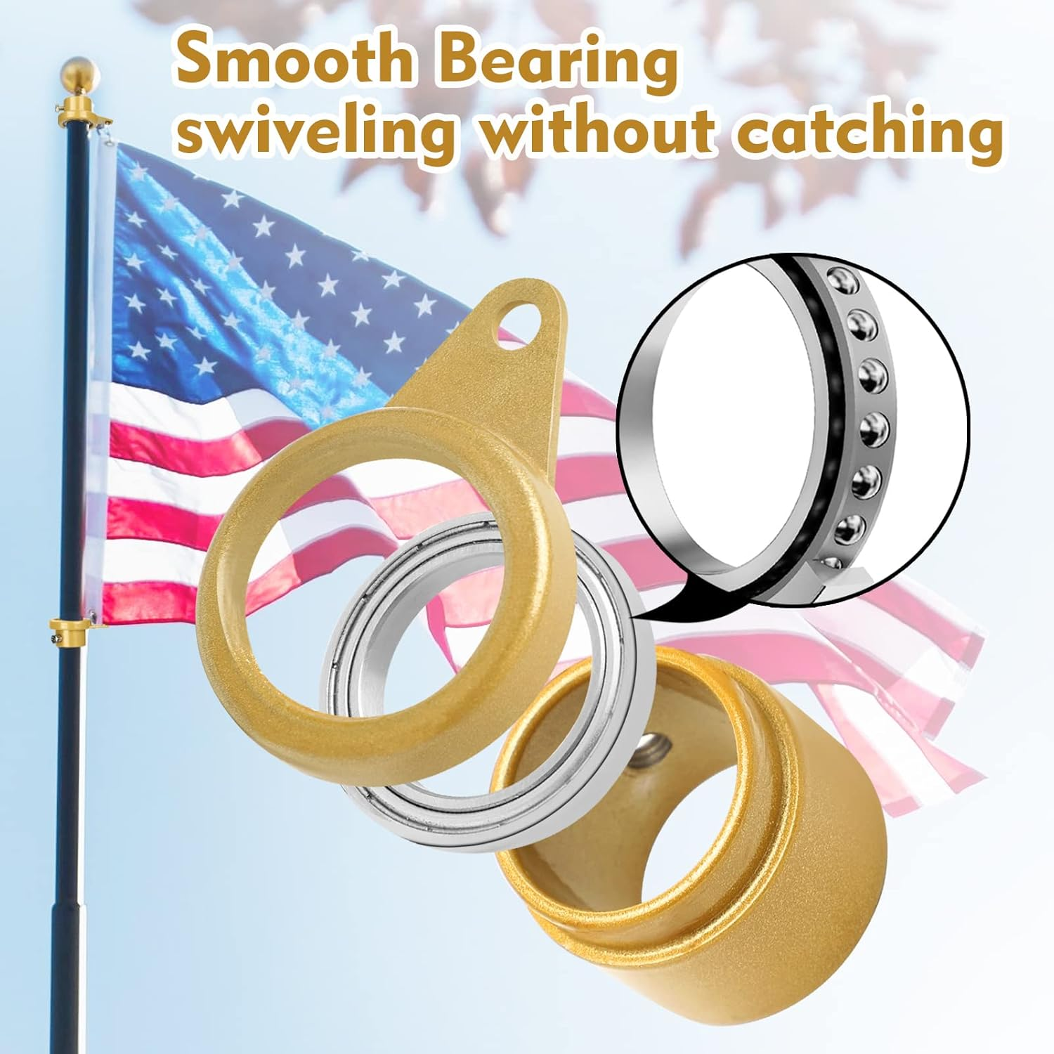 MOFEEZ Flagpole Rotating Clips Swivel Rings, Anti-Wrap Tangle Free with Bearings for 7/10-1" Diameter Flagpole (2Sets-Gold) image number 4