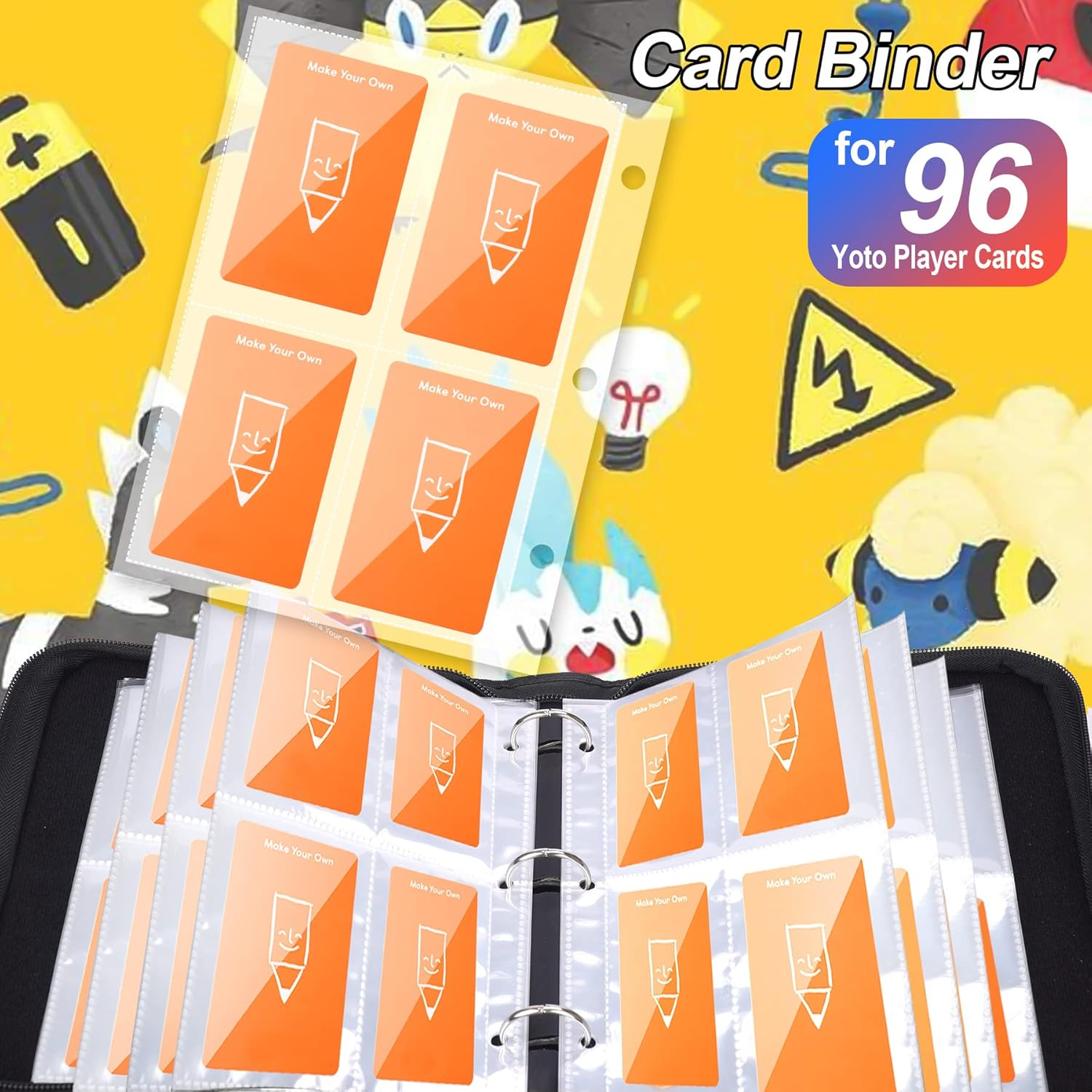 MGZNMTY Card Binder for Yoto Player Cards, Hold up to 96 Cards with Sleeves Binder 4-Pocket, Designed to Yoto Mini Cards Holder for Boys and Girls (Yellow) image number 4