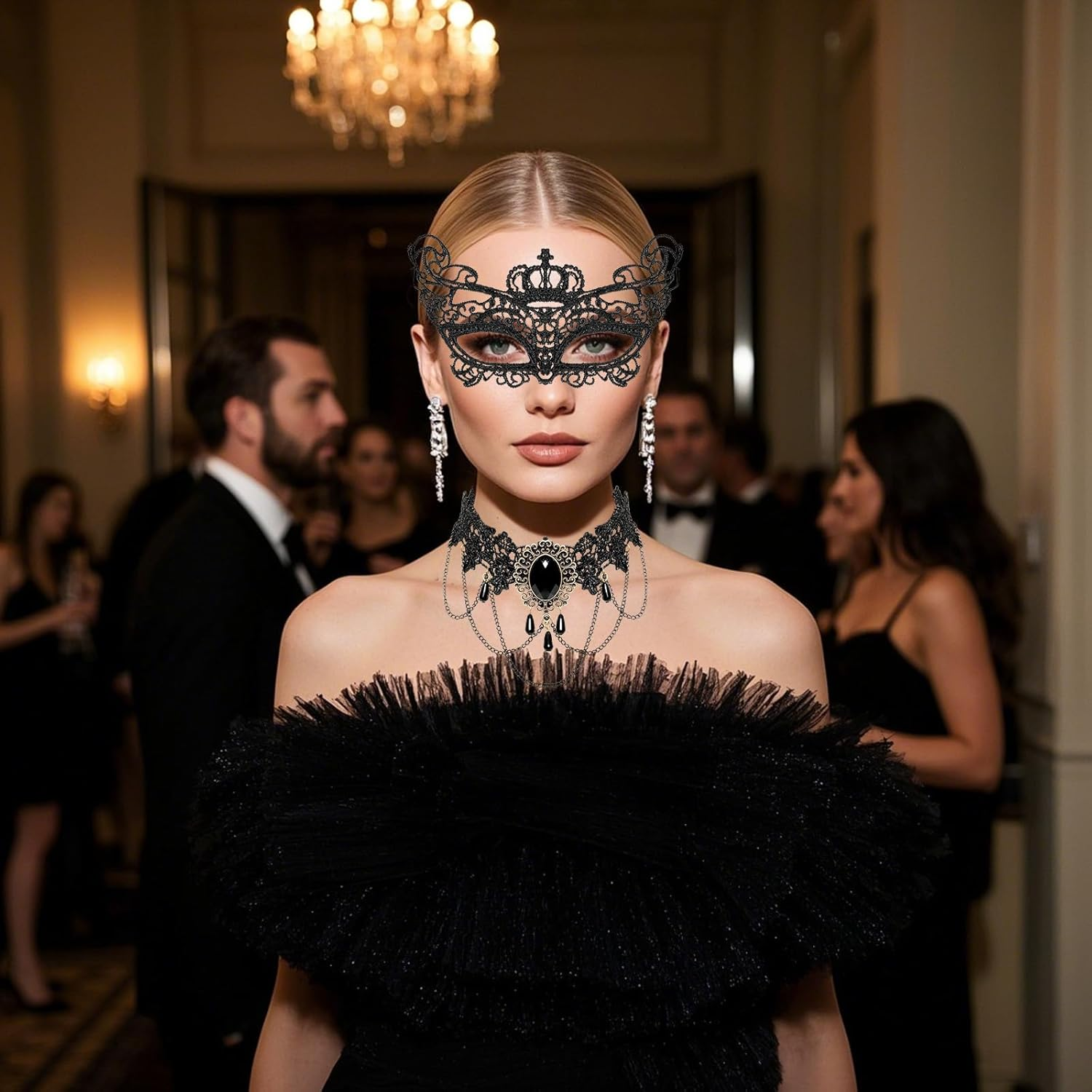 6 Pcs Masqueraders Mask Set Black Lace Eyemask Necklace Gloves Costume Accessories Party Halloween Jewelry for Women image number 6