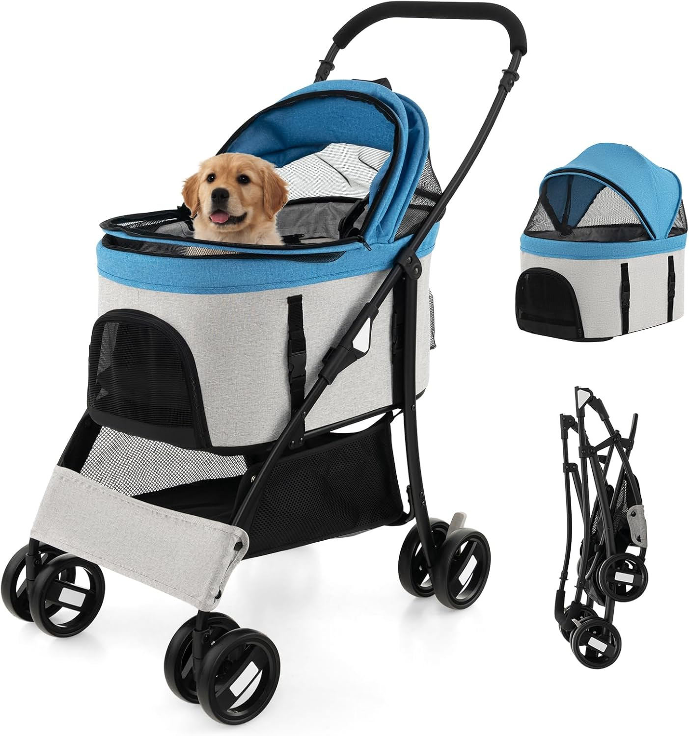 Costway 3-In-1 Pet Stroller with Removable Car Seat Carrier, Foldable Dog Cat Stroller with 4-Level Adjustable Canopy & Storage Basket, 4 Wheel Travel Strolling Cart for Small & Medium Sized Dogs (Ori Blue) image number 5
