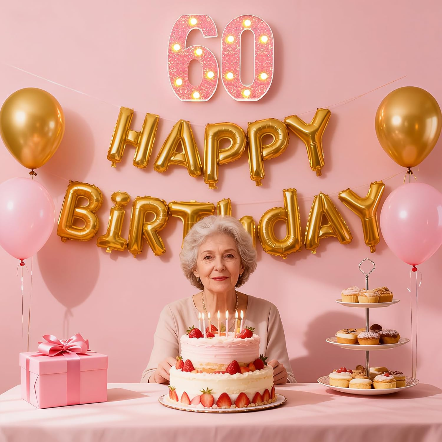 60Th Birthday Decorations LED Light up Numbers, Pink Marquee Lights Number 60 Sign for Girls Birthday Party Anniversary Home Decor image number 1