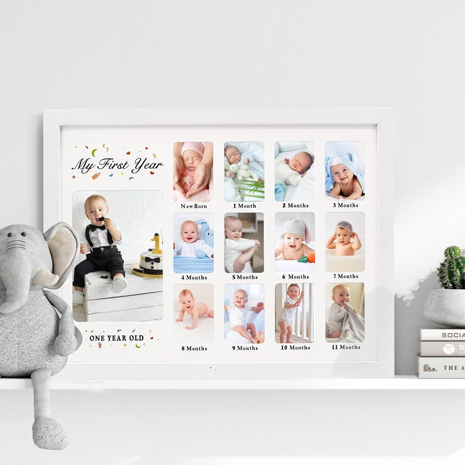 Gmframes Baby First Years Photo Frames 12 Month Picture Frame 12 * 16 for Holds (1) 5X7 & (12) 2X3 Wallet Size Photos White image number 1
