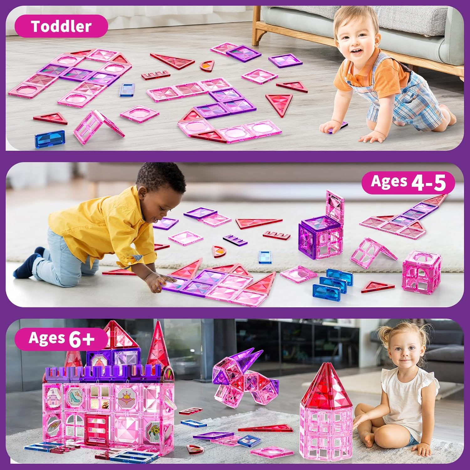 Magnetic Building Tiles Toys for 3 4 5 6 Year Old Girls, Building Educational Stem Toys for Girls Toddlers Kids Ages 1-3 3-5 image number 6