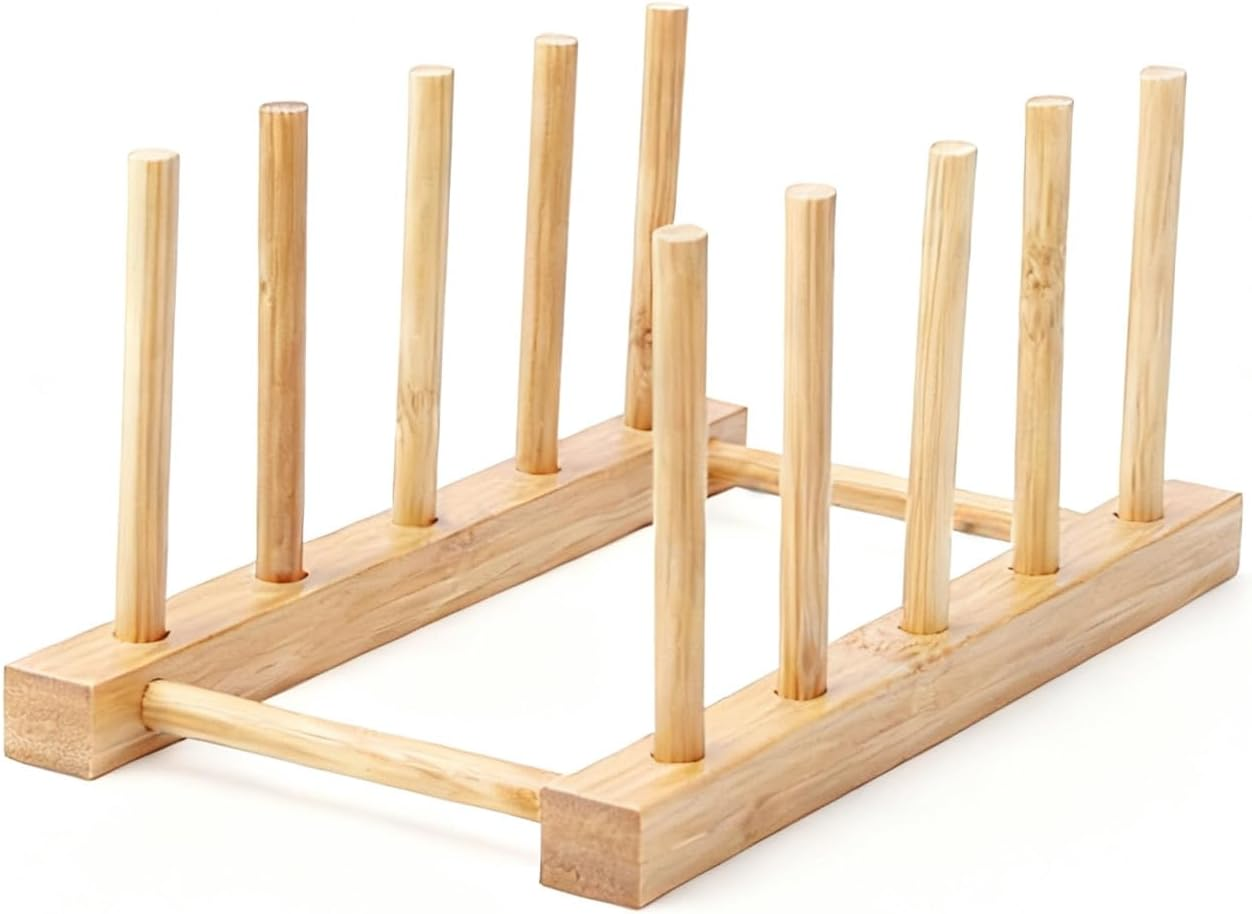 4-Grid Bamboo Wooden Dish Racks Plate Stand Holder Vertical Drainer Kitchen Cabinet Organizer for Dish, Pots, Lids, Bowls, Cups, and Cutting Boards and Books(22 X 11.5 X 10 Cm) image number 5