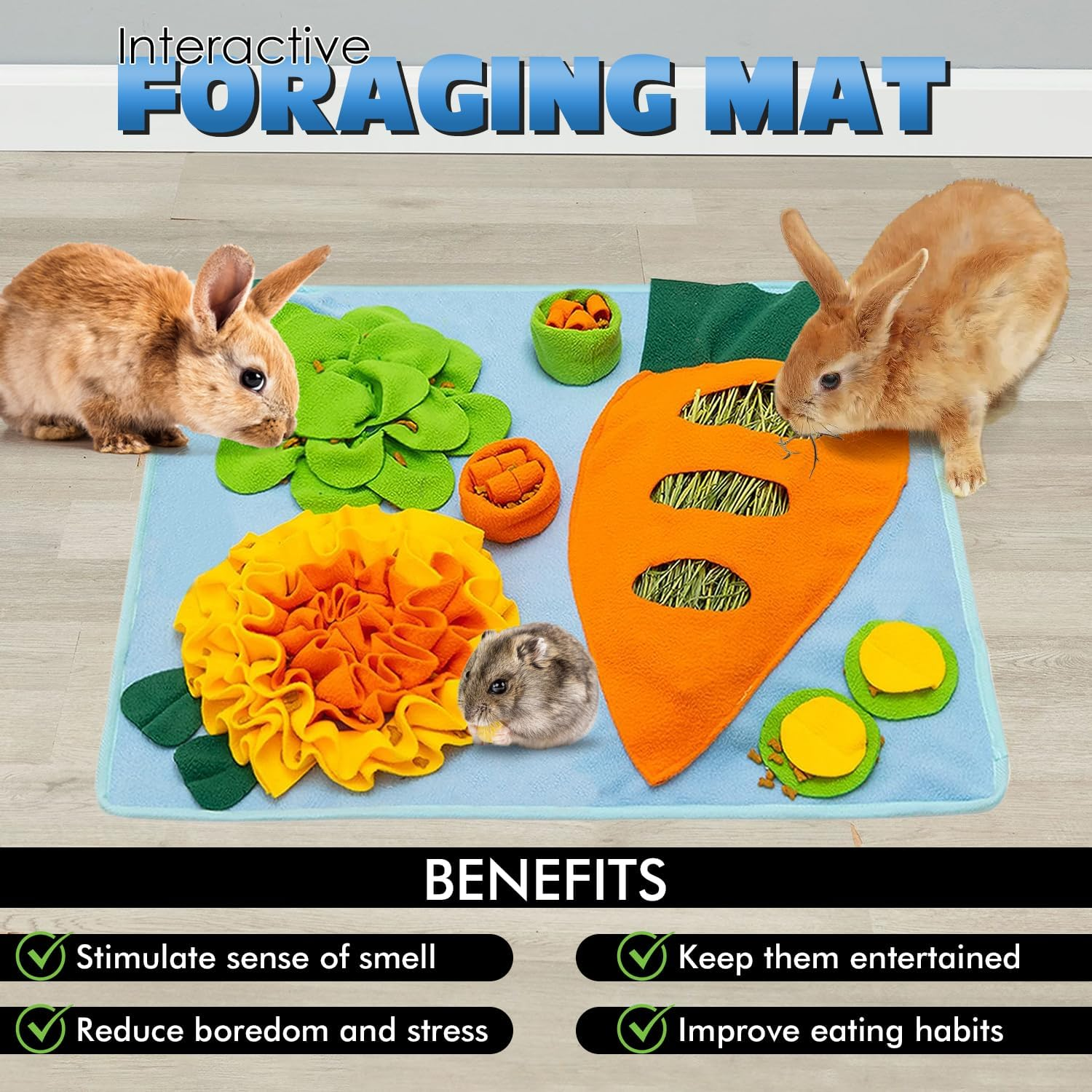 Rabbit Snuffle Forage Mat, Felt Cloth Pet Foraging Mat, Enrichment Activity for Rabbits, Guinea Pigs, Ferrets, Chinchillas, Interactive Washable Fleece Dispenser Cat Bunnies Hay Feeder Indoor Hamsters image number 2