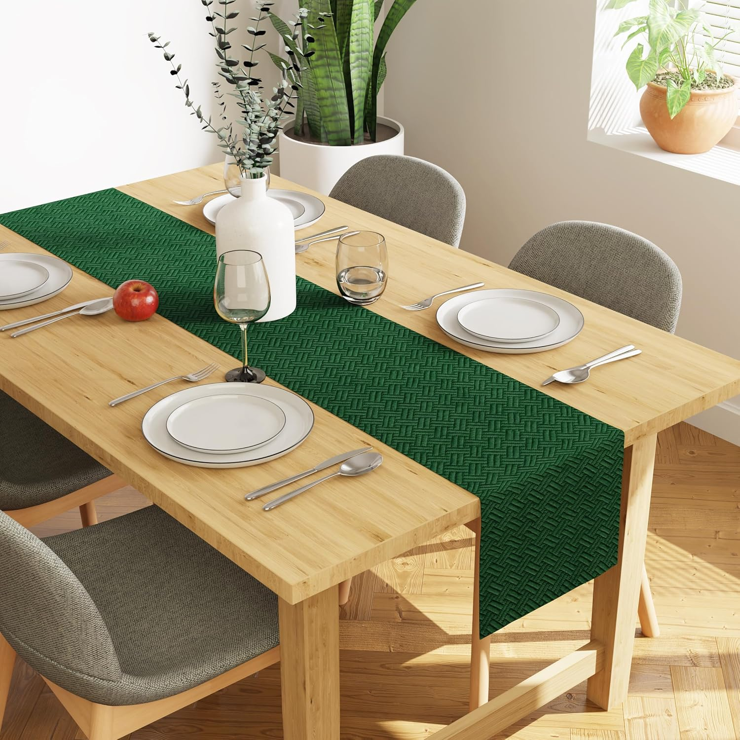 Encasa Dining Table Runner for 4 to 6 Seater | Forest Green Quilted Velvet | 32X150 Cm | Machine Washable image number 3
