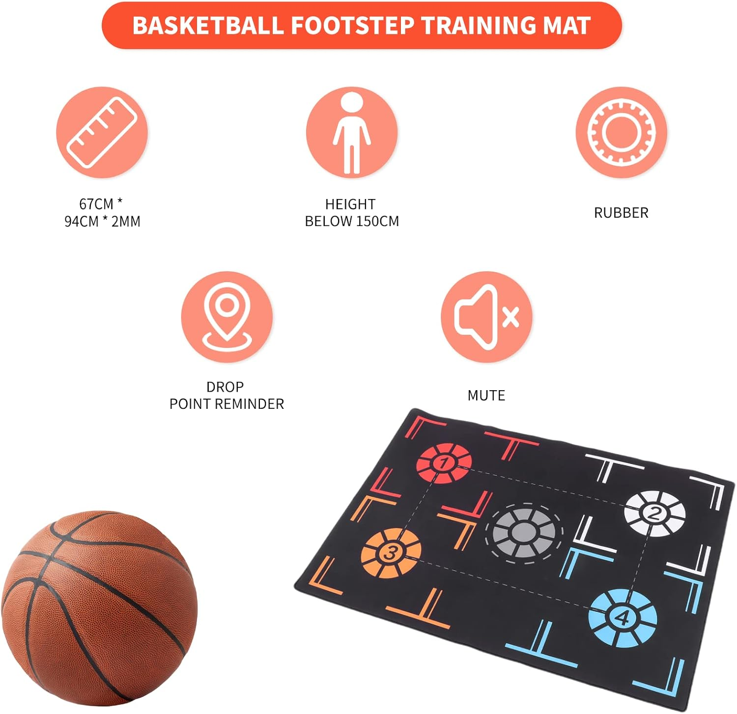 Basketball Footstep Training Mat, Non-Slip Shock Absorbing Silent Basketball Dribble Trainer, Point Reminder 2Mm Basketball Practice Equipment for Children below 150Cm Ball Control image number 3