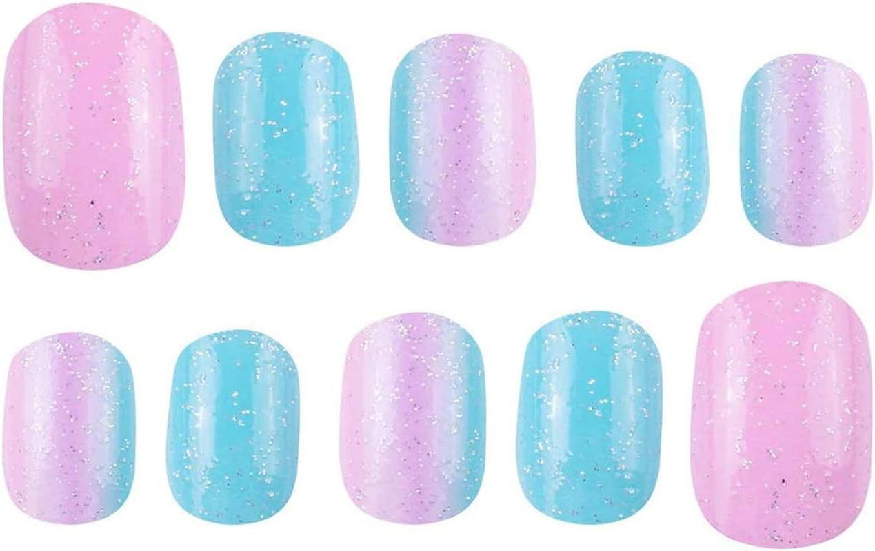 120 Pcs 5 Pack Children Nails Full Cover False Nail Kits Glitter Gradient Color Short Great