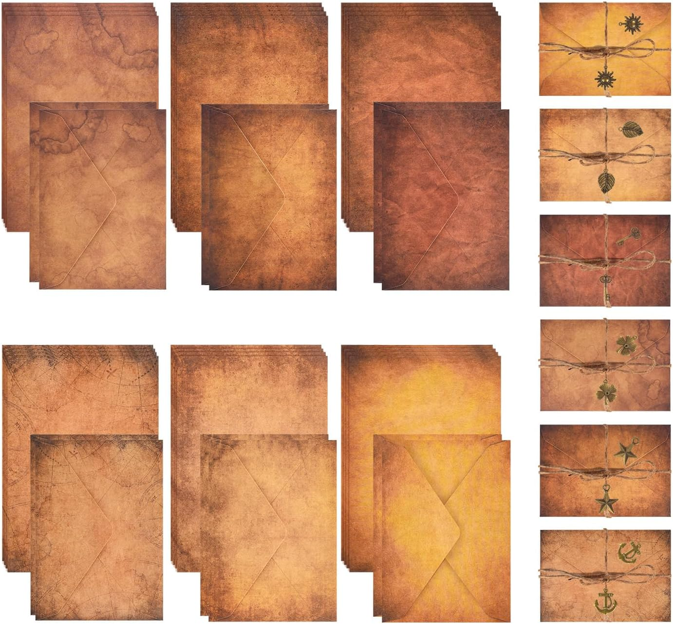 Vintage Stationery Paper and Envelopes Set - 24 Sheets Classic Aged Antique Letter Paper Stationary Set for Writing Letters Invitations with 12 Old Style Kraft Envelopes Rope Retro Accessories Pendant