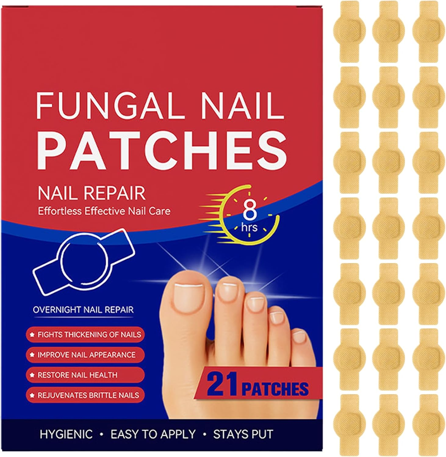 21 Pcs Fungal Nail Patches, Toe Nail Fungus Treatment, Nail Repair Patches for Damaged and Discolored Nails, Overnight Nail Care Solution for People