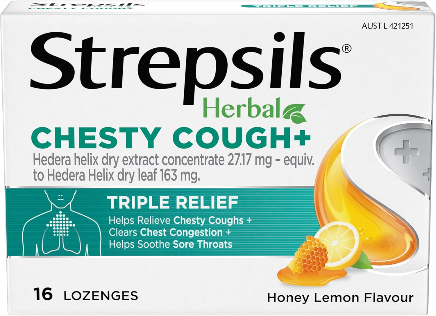 Strepsils Herbal Chesty Cough+ Triple Relief Honey Lemon Lozenges (Pack of 16) image number 5