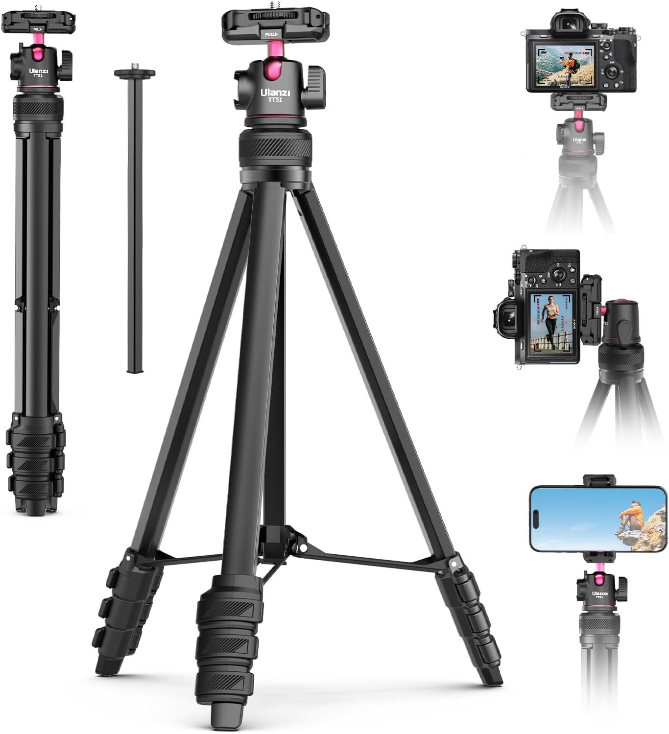 2 in 1 Camera Phone Video Tripod - ULANZI TT51 Portable Tripod Stand I 360&deg; Rotable Ball Head I Hidden Cold Shoe Phone Holder I 600G Lightweigt I 1.38M/51In Long I 5 Section Extenable Vlog Tripod