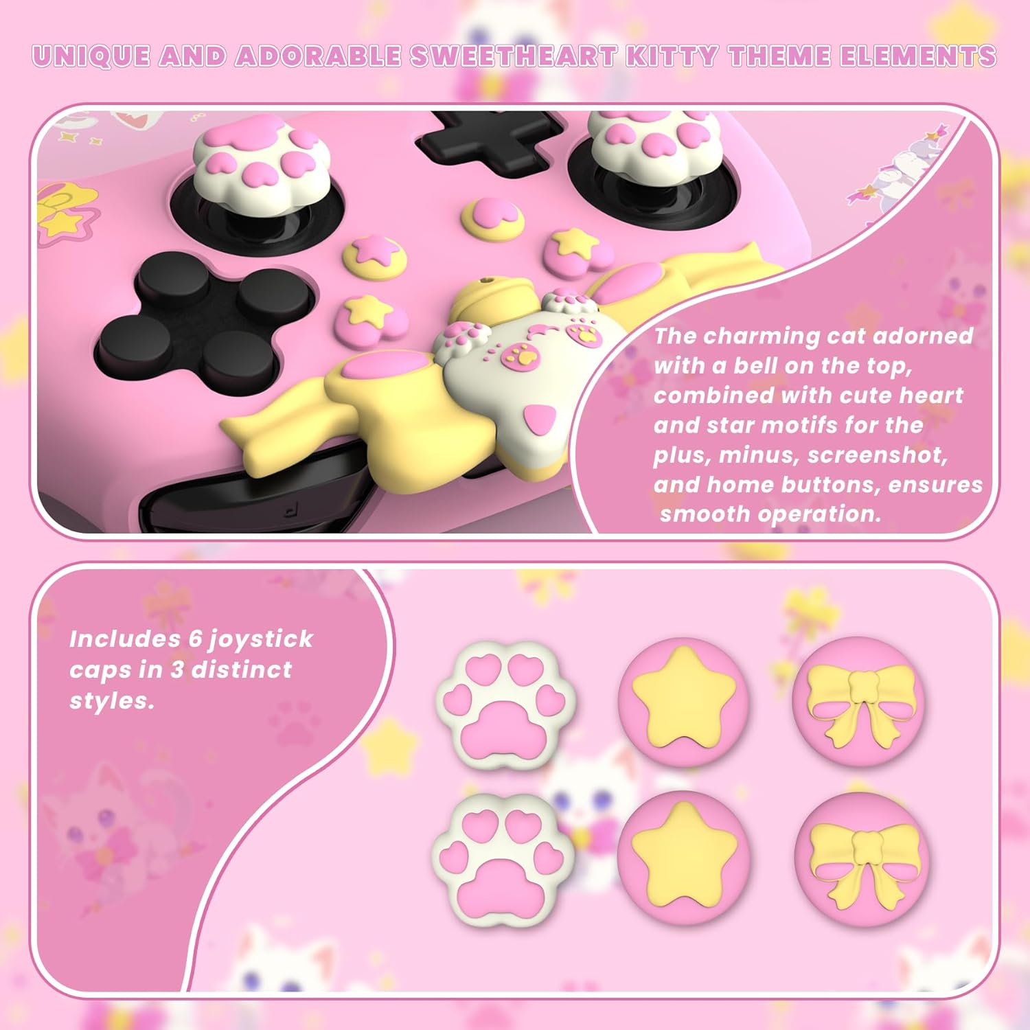 Playvital Sweetheart Kitty Silicone Skin Compatible with Nintendo Switch Pro Controller Kawaii Anti-Slip Cover, Switch Pro Controller Joystick Grips & Protective Silicone Case - Pink