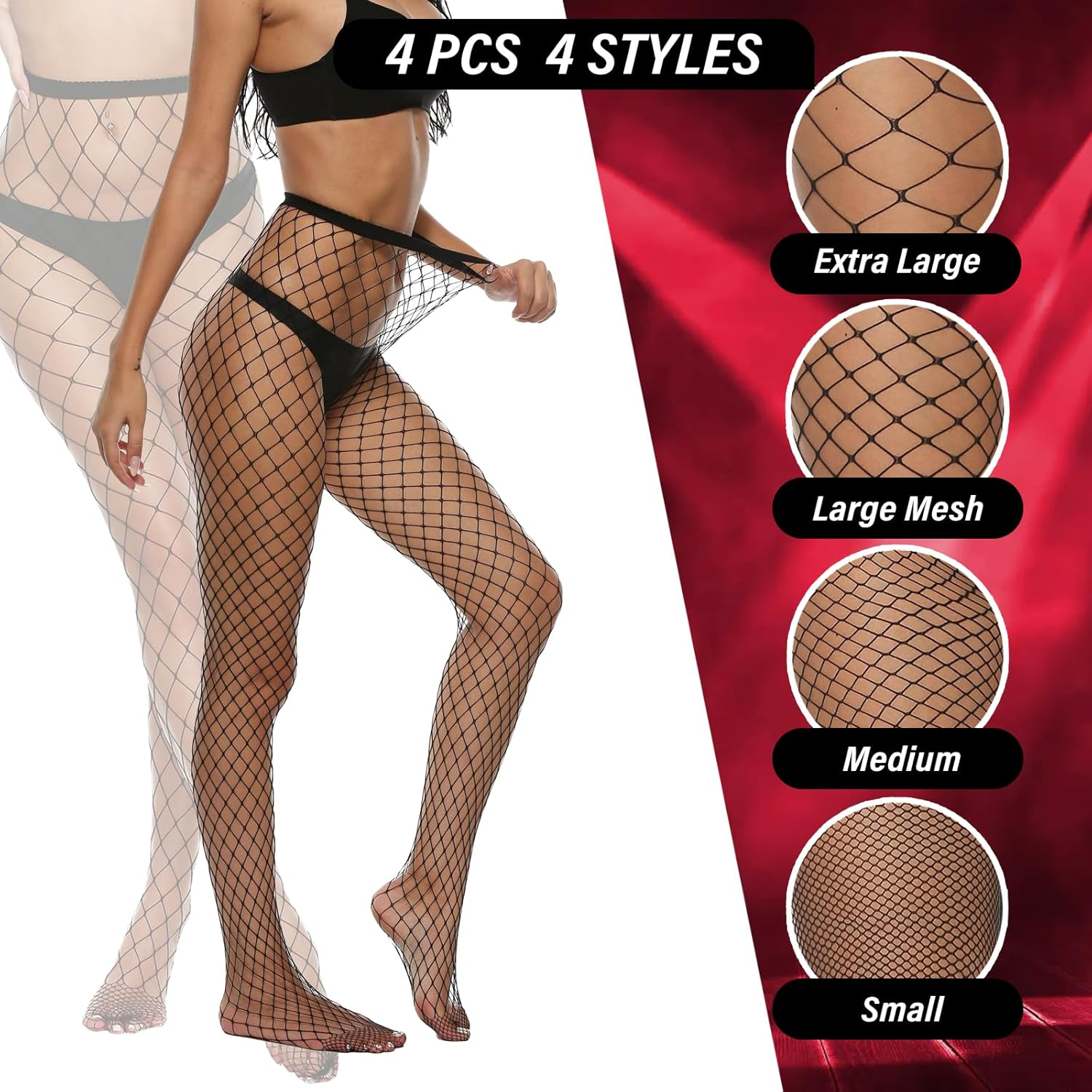 4 Pcs Fishnet Stockings, Fishnet Tights with Reinforced Toes, Women&lsquo;S Fish Net Pantyhose for Dancing, Parties & Daily Wear, One Size - Red image number 6