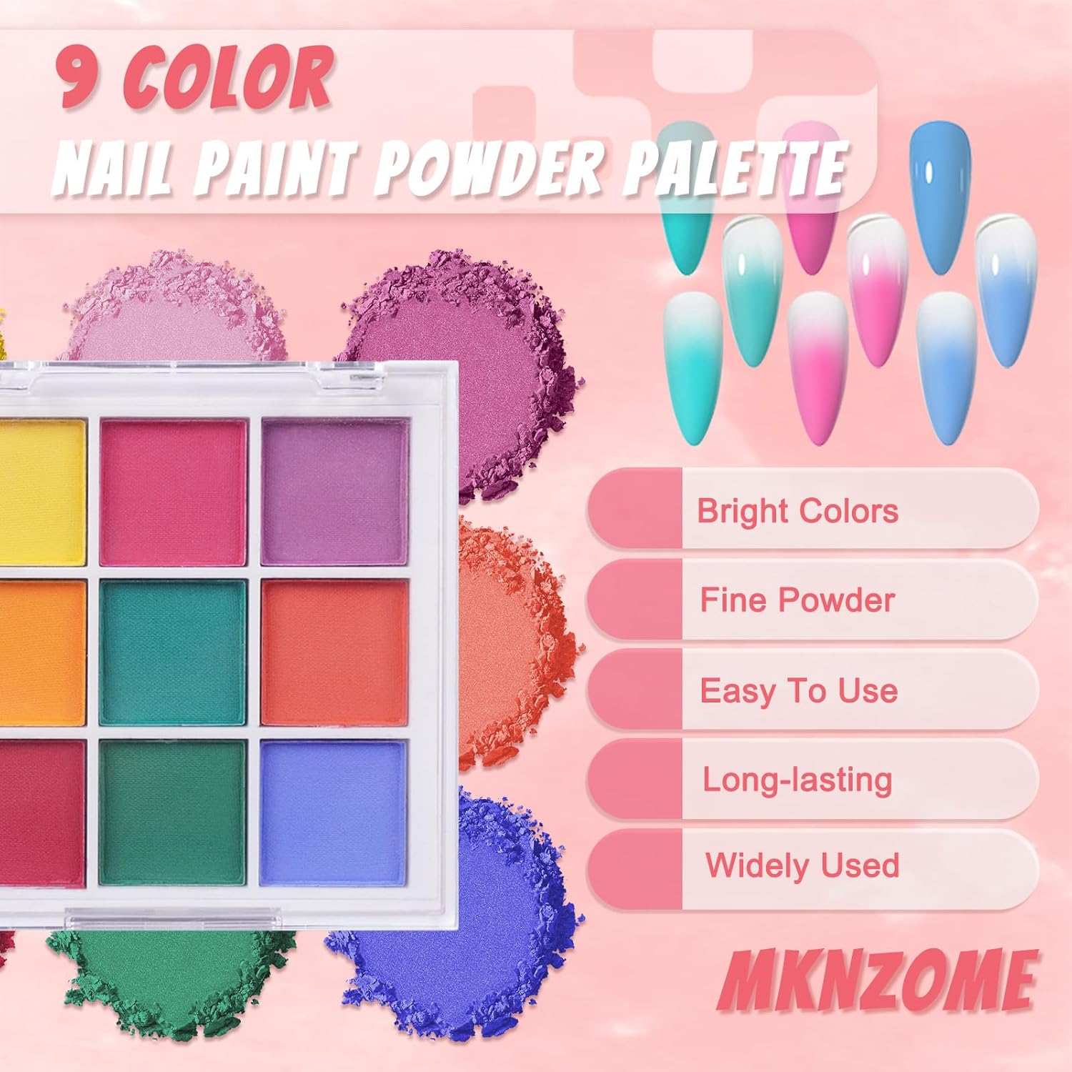MKNZOME 9 Colours Nail Pigment Powder Palette, Chrome Nail Powder, 100 Pcs Nail Sponges for Ombre with Metal Grabber, Nail Art Tools for Nail Design, B - Multicolored-B image number 5