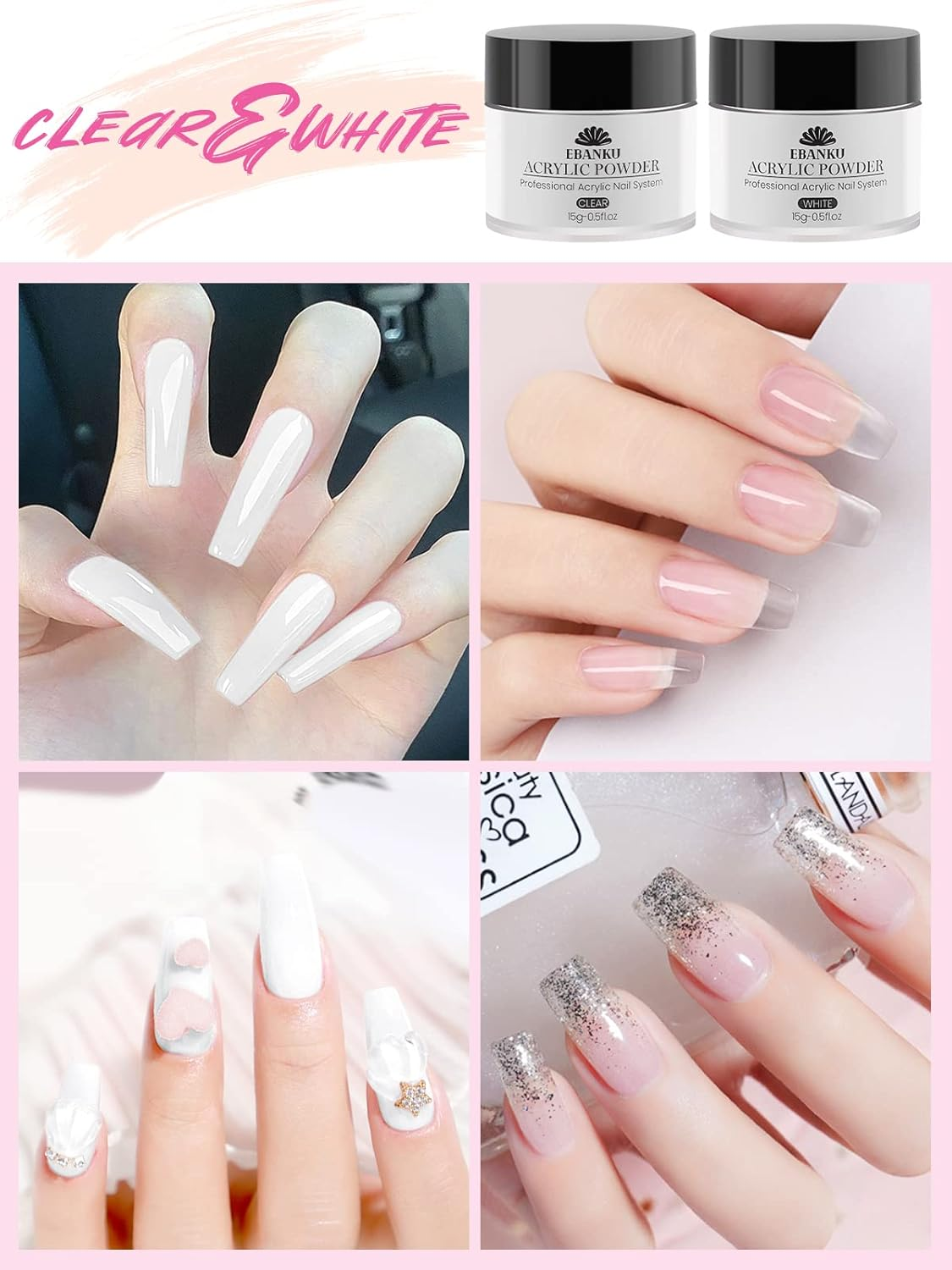 EBANKU Acrylic Powder Set, 4 Colors Acrylic Nail Powder Professional Acrylic Powder for Nail Acrylic Extension, Nail Carving, Long-Lasting, No Nail Lamp Needed