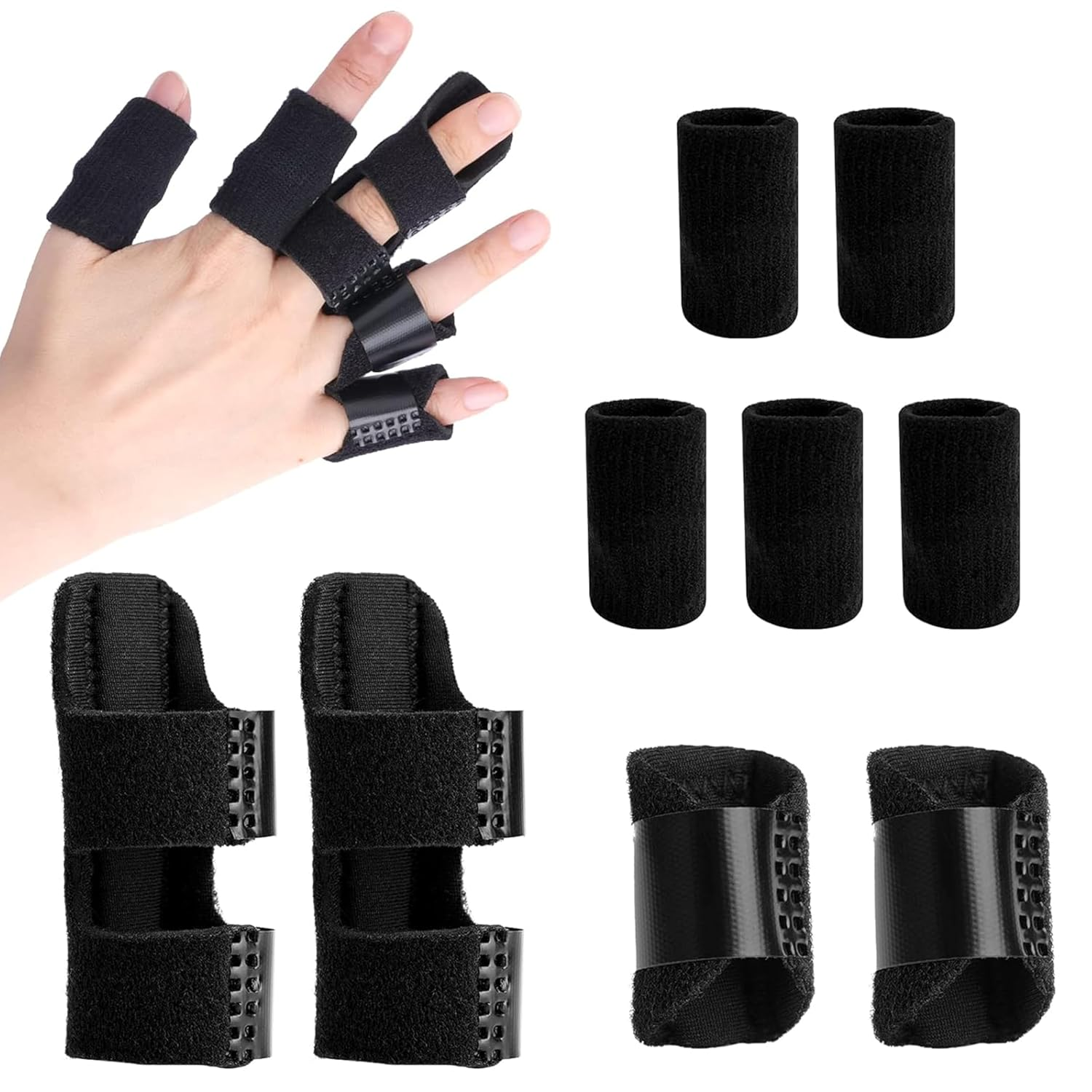 2 Pcs Trigger Finger Splint + 5 Pcs Finger Sleeves Set &ndash; 2 Sizes, Adjustable Compression Brace with Elastic Straps &ndash; Pain Relief & Stabilization for Middle, Ring, Index, Pinky & Thumb &ndash; Black (9 Pieces Total) image number 3