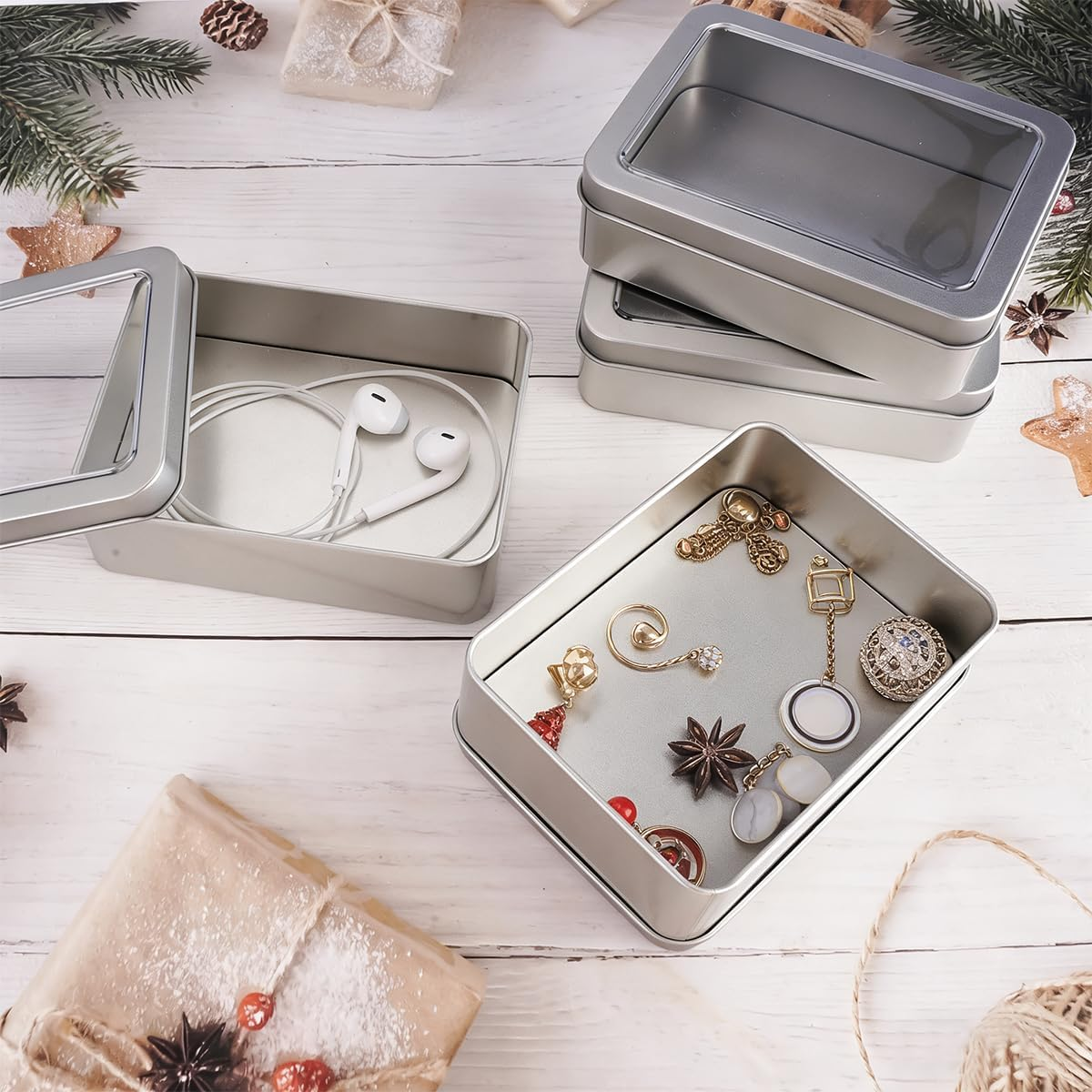 Rairsky Storage Box Silver Metal Rectangular Rustproof Pack of 4 Tins for Sweets Gifts image number 3