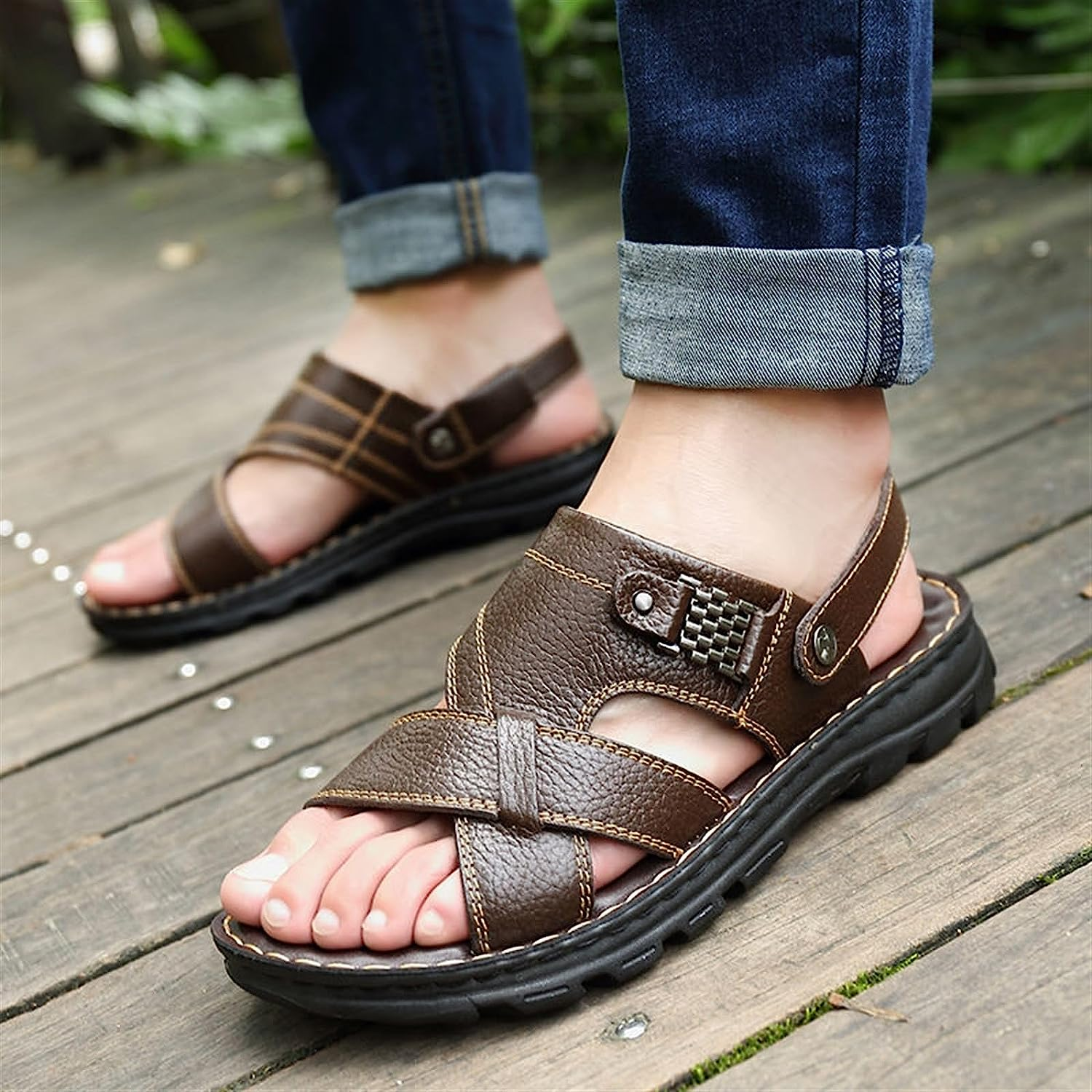 Men Sandals Summer Waterproof Arch Support Non-Slip Leather Sandals Soft Sole Slippers Breathable Casual Shoes (Color : Brown, Size : 8)
