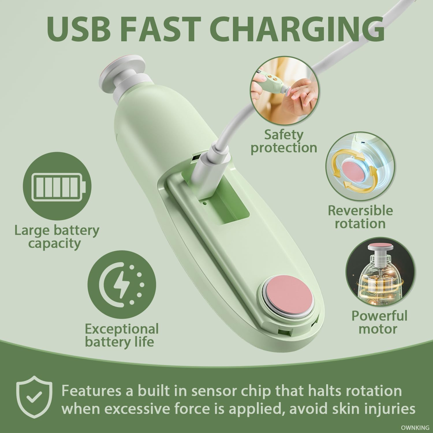 Baby Nail Trimmer, Baby Nail File Electric with Safety Protection, Gentle Nail Trimmer Care Kit with LED Light, Baby Nail Clipper Electric Rechargeable with 7 Replacement Heads, Green - Green image number 1