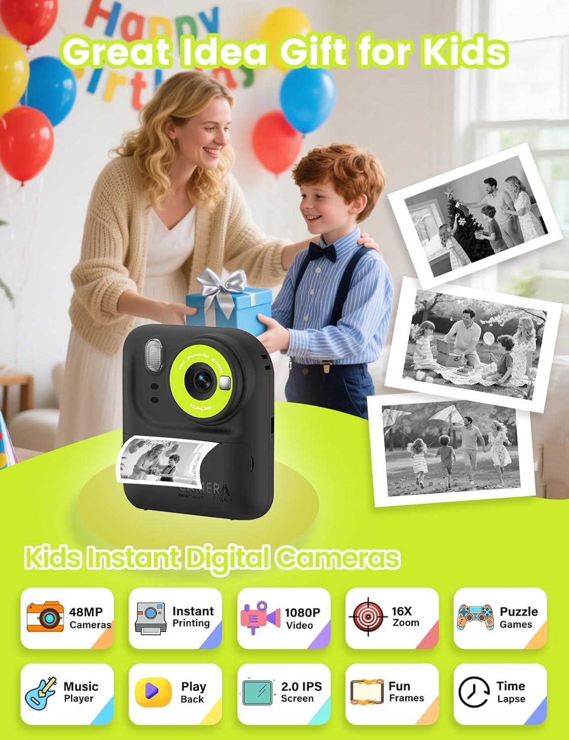 ZONEY Kids Camera Instant Print Photo, Christmas Birthday Gift Toys for 3-12 Years Old, Digital Camera with HD Video, Portable Travel Cameras Present for 4 5 6 7 8 9 Year Old Boys Girls, Black image number 1