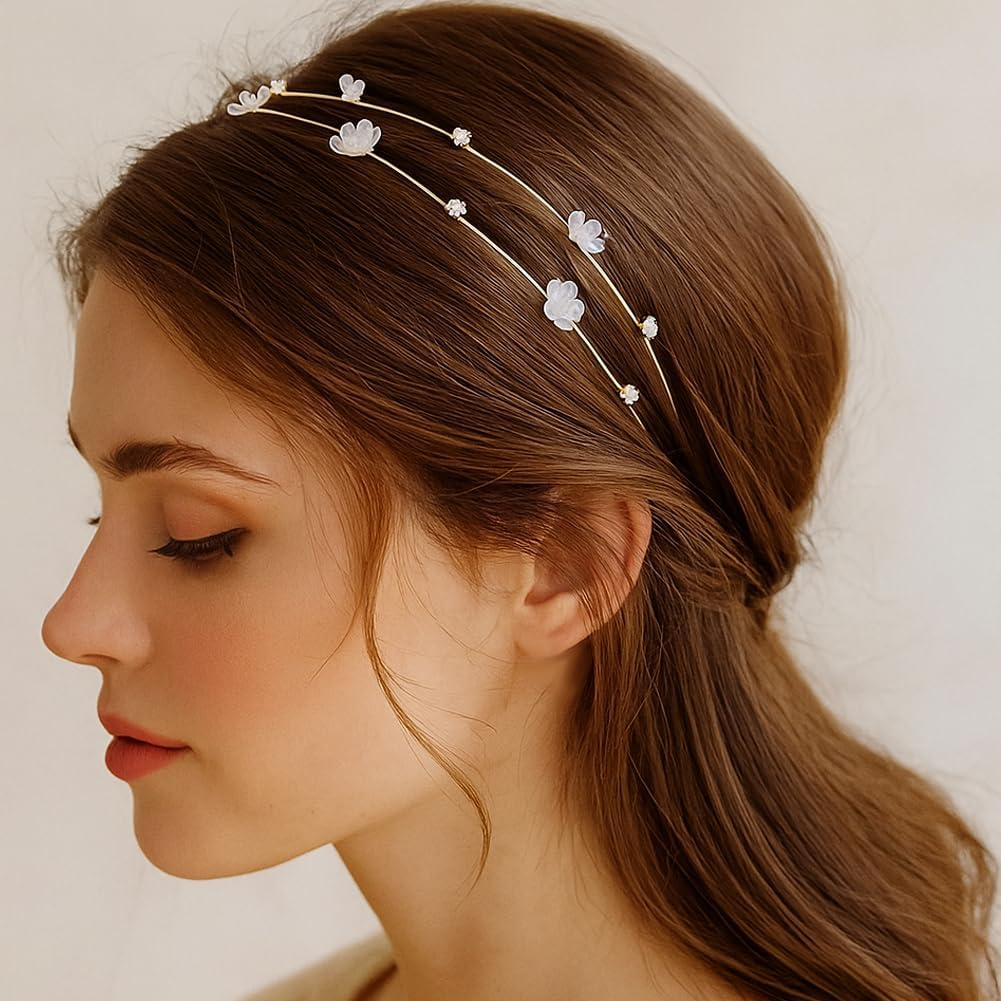 GOMAKERER Pack of 3 Hair Bands with Flowers Rhinestones, 3 Colours, Double-Layer Hair Bands, Simple Thin Metal Hair Band, Hair Band, Hair Accessories for Women, Birthday Gift Decoration image number 3