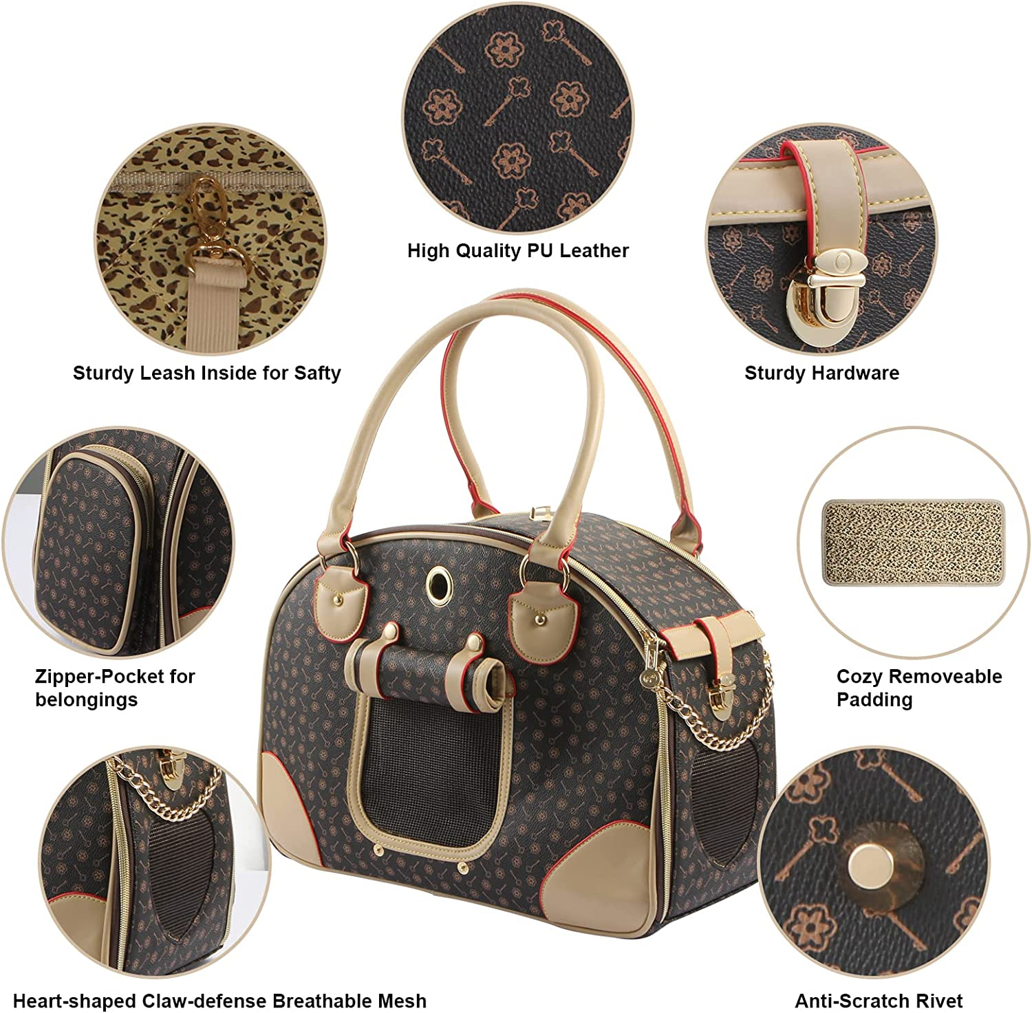 BETOP House Fashion Dog Carrier PU Leather Dog Handbag Dog Purse Cat Tote Bag Pet Cat Dog Hiking Bag, Brown, Large image number 1