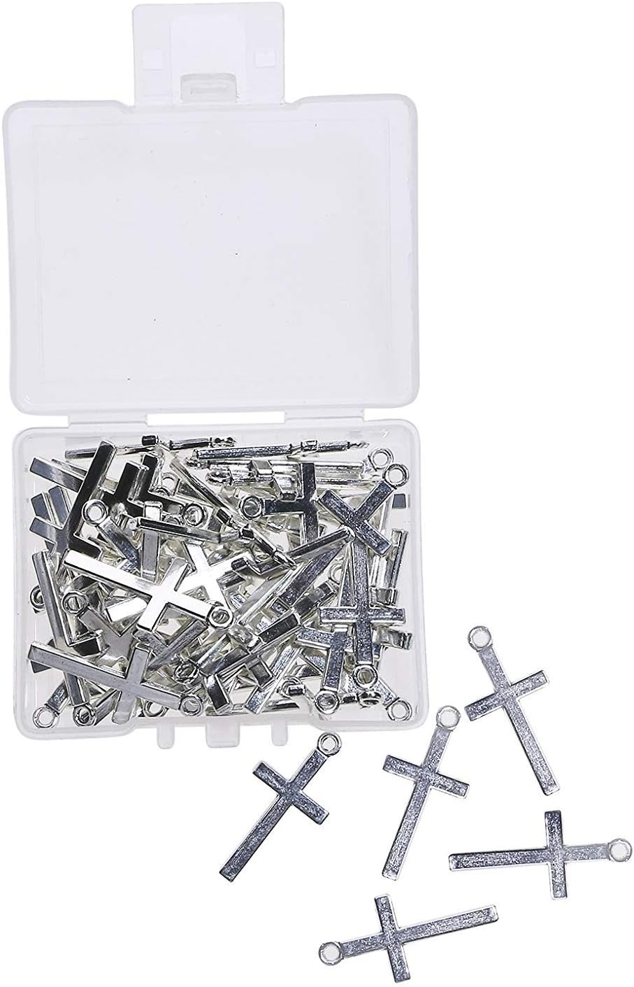 Shapenty Silver Tone Metal Religious Cross Charm Bead Findings Small DIY Craft Pendant Necklace Bracelet Earrings Cross Jewelry Making Accessories, 27X13Mm, 50PCS Cross