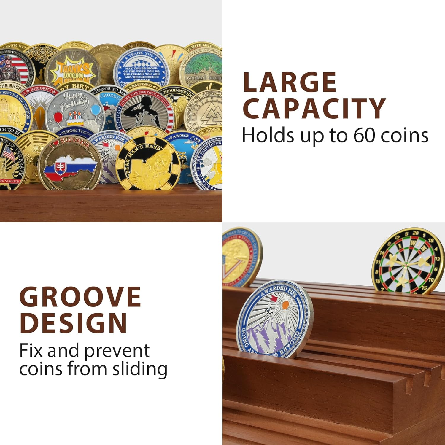 TJWZXX Challenge Coin Holder, 9 Rows Solid Wood Military Coin Display Stand Holds 60 Coins, Army Coin Rack Display Case for Desk Display image number 5