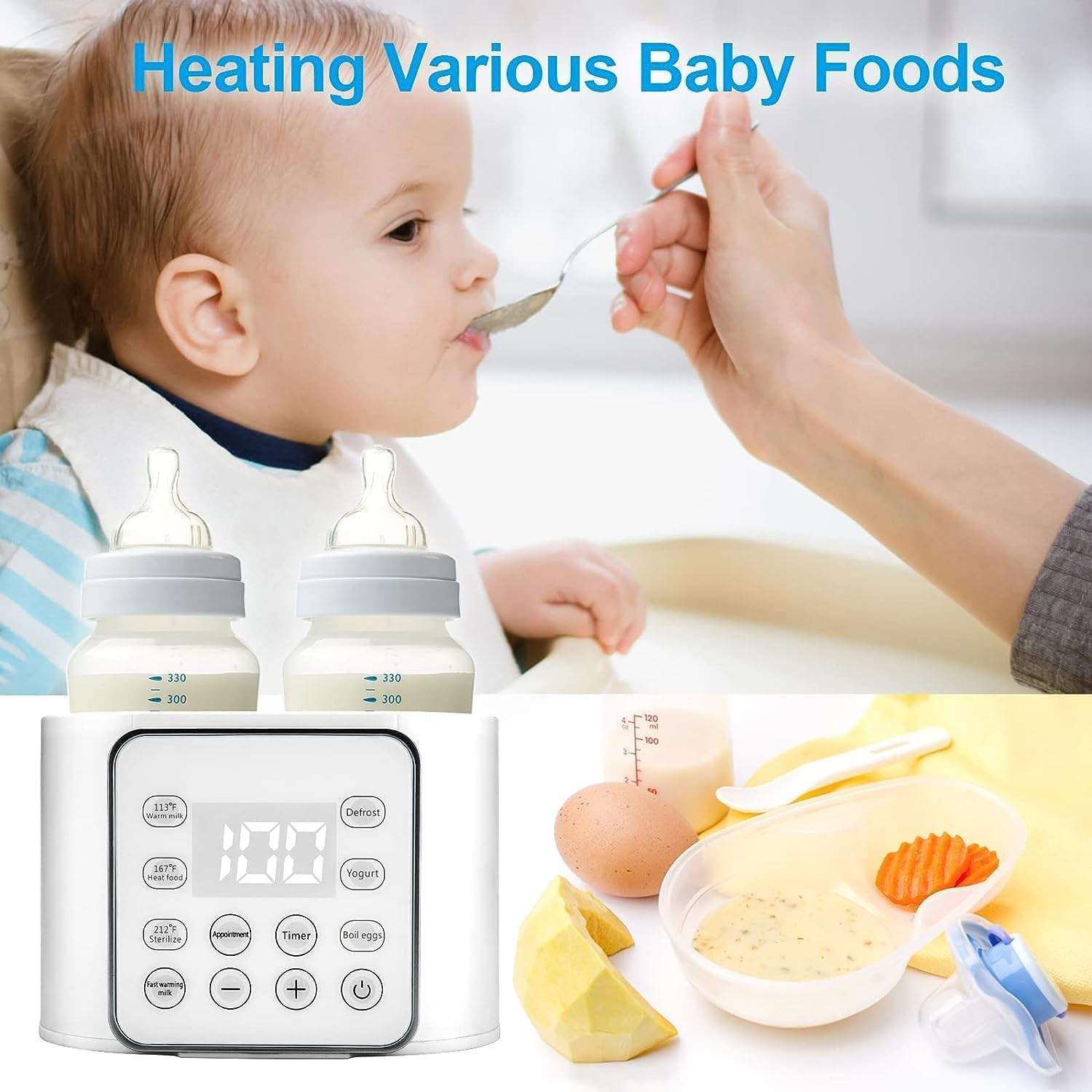 Baby Bottle Warmer, 9-In-1 Bottle Warmer for Breastmilk, Quick Baby Food Warmer and Defrost Warmer for Twins, LCD Display Precise Temperature Adjustment, 24 Hours Constant Mode (White)