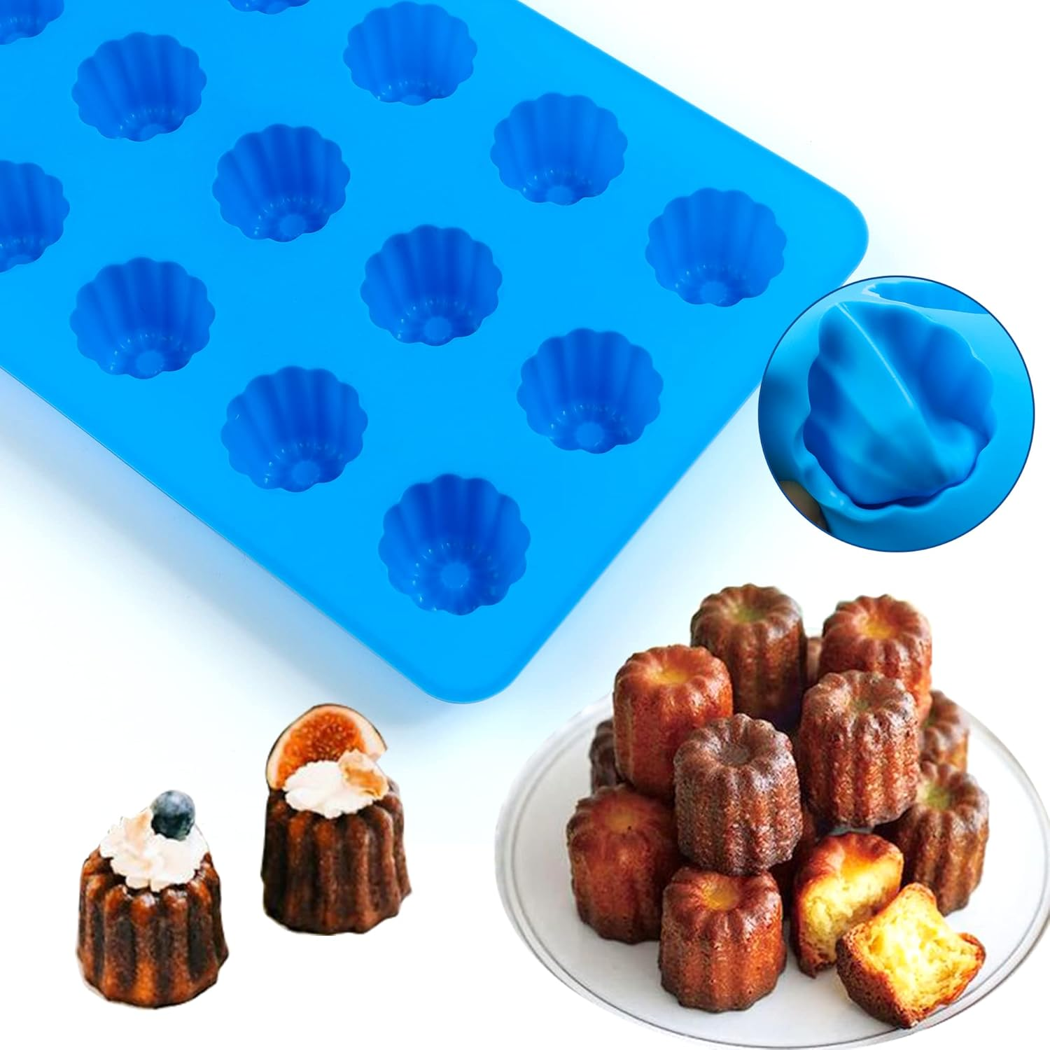 Sidosir 2Pcs Canele Mold Silicone, 15-Cavity Mini Nonstick Canele Silicone Baking Cake Pan for Bread Muffin (15-Cavity) image number 6