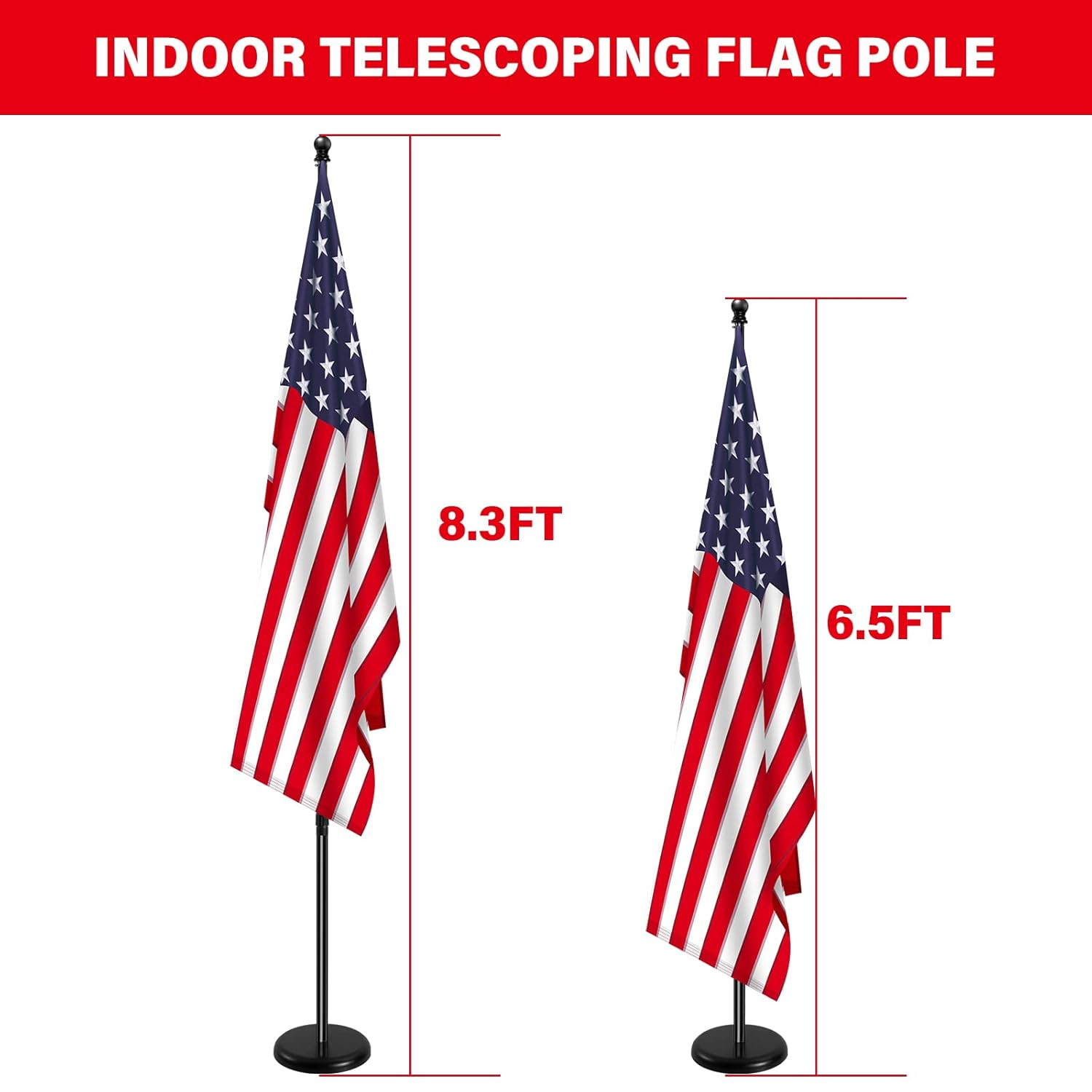 SENZHIYI Indoor Telescoping Flag Pole with Base 6Ft-8Ft,Aluminum Commercial Indoor Flagpole with Black Ball Top Finial,Heavy Duty Indoor Flag Pole Kit for Office School City Hall image number 5