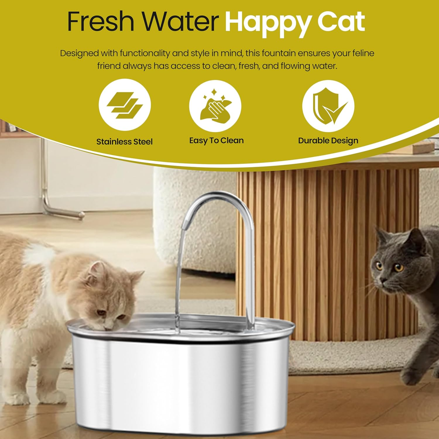 Premium Pet Water Fountain | Automatic 3L Stainless Steel Cat Fountain with LED Light Water Level Window | Bpa-Free, Filtered Automatic Dog Fountain image number 3