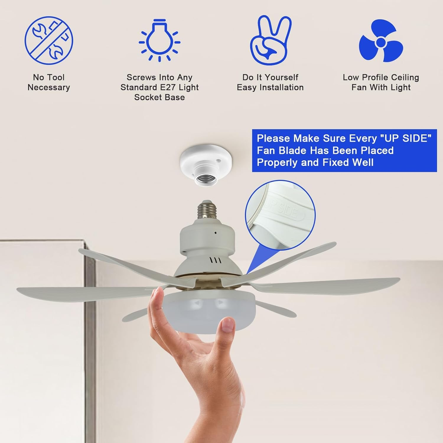 52CM Ceiling Fan with Light and Remote, Screw in Ceiling Fan in Light for Socket E26 E27, 40W Outdoor Small Dimmable Ceiling Fans with Light for Bedroom, Garage, Patios, Kitchen, Farmhouse image number 2