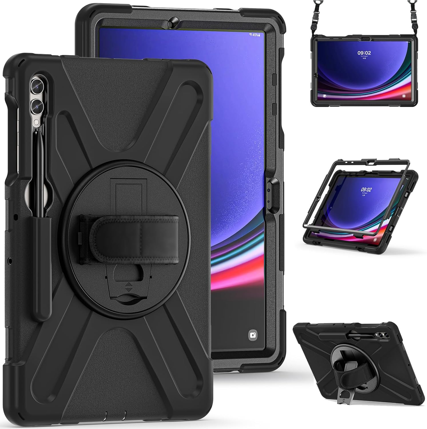 Zenrich Rugged Case for Samsung Galaxy Tab S10 plus / S9 FE+ / S9 plus 12.4 Inch 5G 2024/2023, Shockproof S8+/S7 FE/S7+ Tablet Case with Rotating Stand Pen Holder Hand Strap Shoulder Belt, Black image number 3