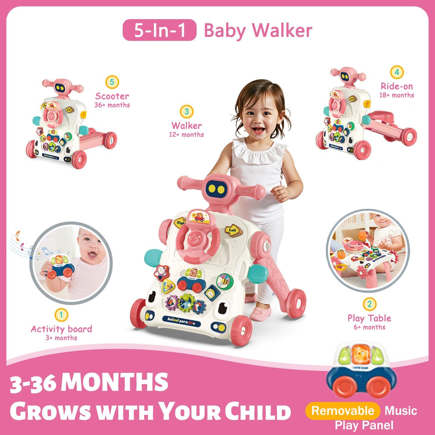 Uandhome 5 in 1 Baby Walker for 36 Months,Sit to Stand Learning Walker and Activity Center, Musical Toys for Babies 36 Month, Children Walking Toy, Early Educational Toy for Infant Boys Girls(Pink) image number 2