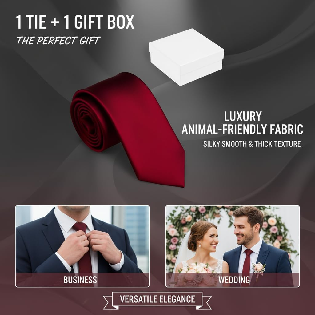 Mens Red Tie, Burgundy Skinny Tie, Satin Fabric Necktie for Business and Wedding, Red Wine Tie, 59X2.4X1.4 Inches, Compatible with Various Occasions, Ruibex image number 1